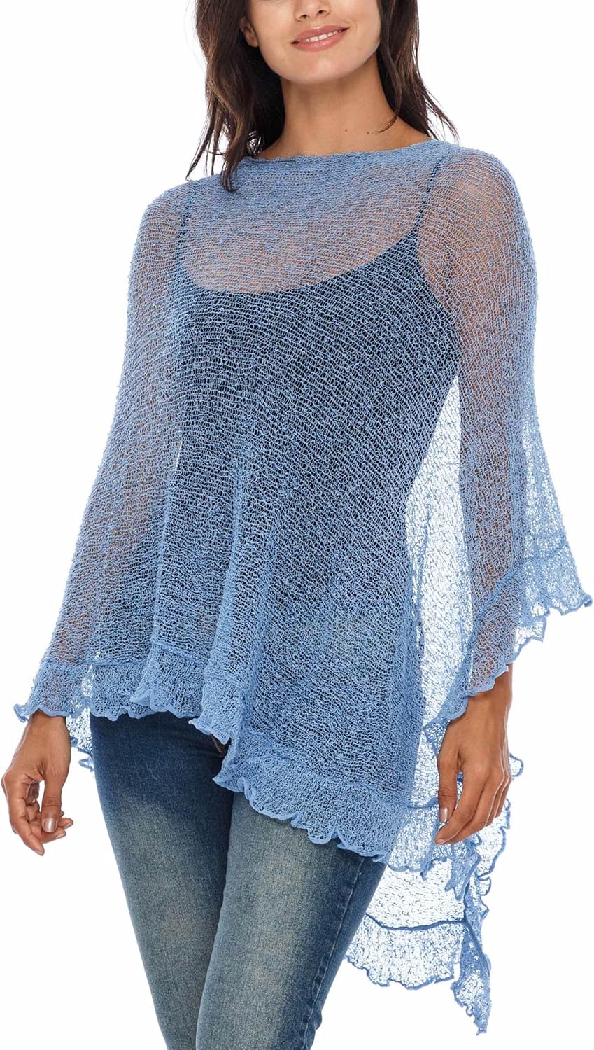 SHU-SHI Womens Sheer Poncho Shrug Lightweight Knit Ruffle Pullover Sweater Top