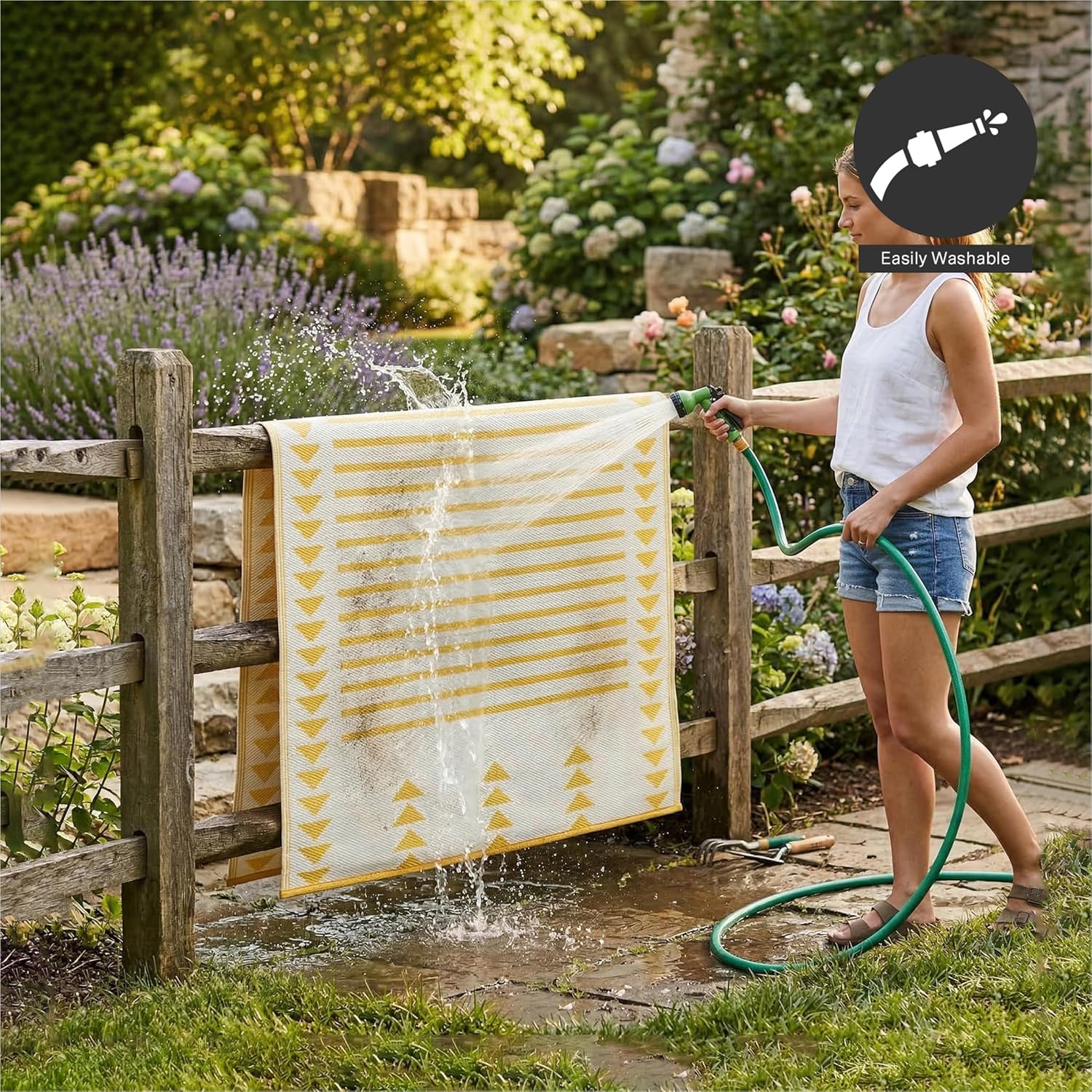 FH Home Outdoor Rug - Waterproof, Fade Resistant, Crease-Free - Premium Recycled Plastic - Geometric - Porch, Deck, Balcony, Mudroom, Laundry Room, Patio - Hampton - Yellow Crease Free - 3 x 5 ft