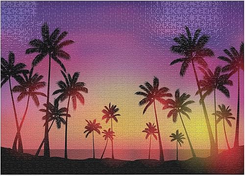 Ambesonne Beach Sunset Jigsaw Puzzle, Palm Trees Sundown Natural Landscape Paradise Sky Summer Season, Heirloom-Quality Fun Activity for Family