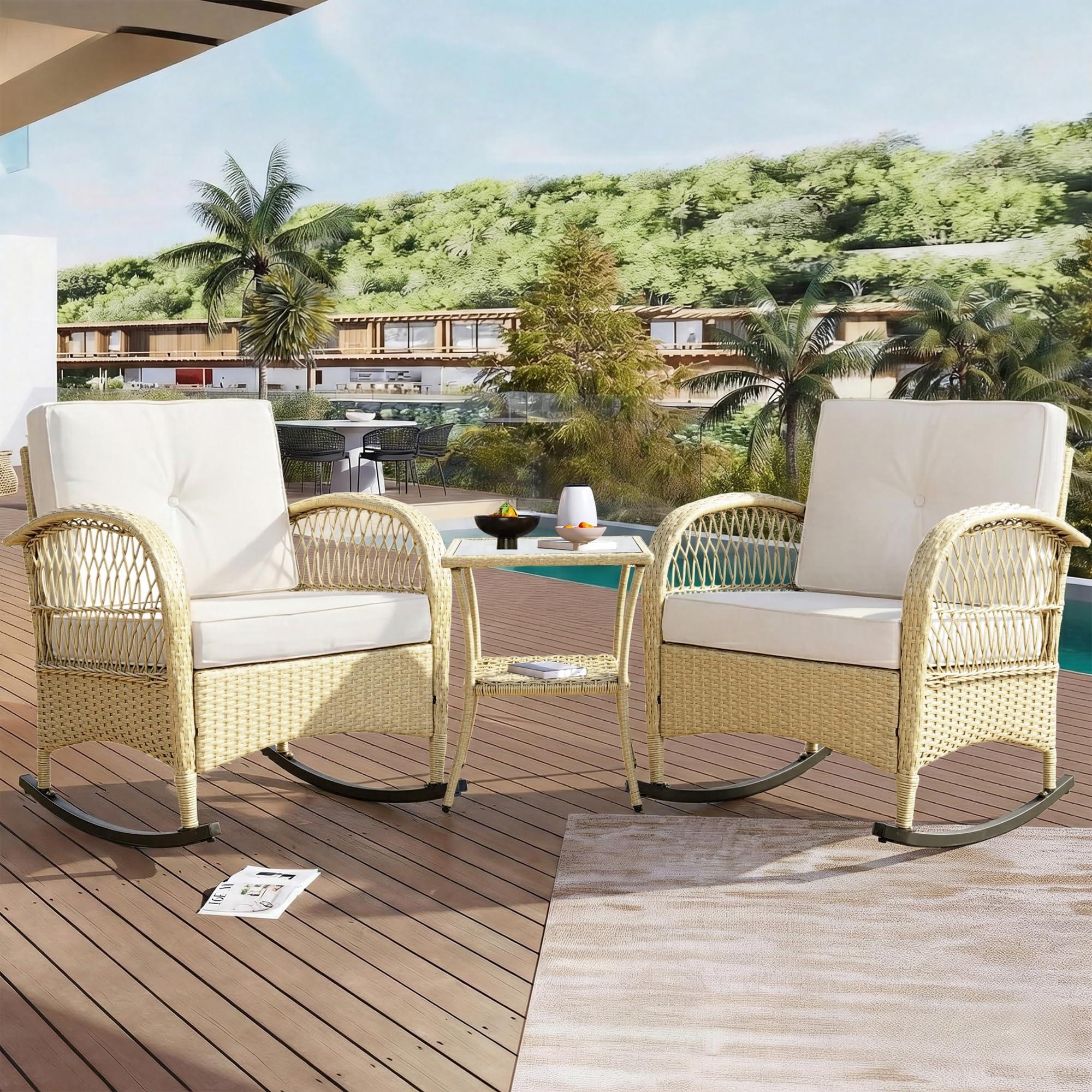 Conjunto de Jardin Exterior de Ratán para 2 Personas, 3 Piezas | Para Terraza Patio, Set Muebles Jardin con Sillones y Mesa de Centro, Mecedora con Cojines, Juego de Muebles de Jardín,Beige