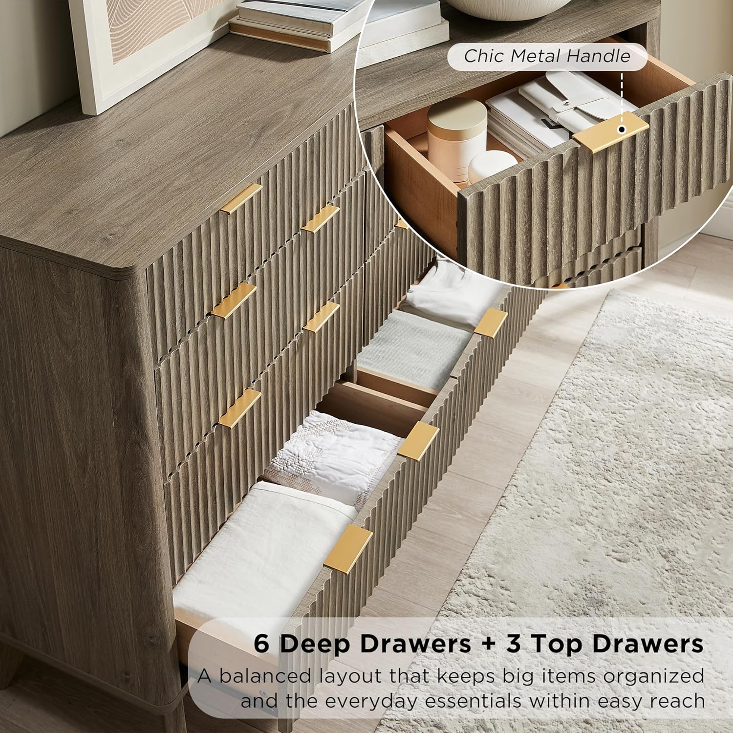 Open drawers of the dresser showing organized contents