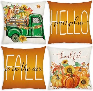 Fall Decor Pillow Covers 18x18 Set of 4 Throw Pillow Covers Thanksgiving Buffalo Check Farmhouse Decorations Orange Pumpkin Maple Leaves Outdoor Decorative Throw Cushion Case for Home Couch Sofa Bed