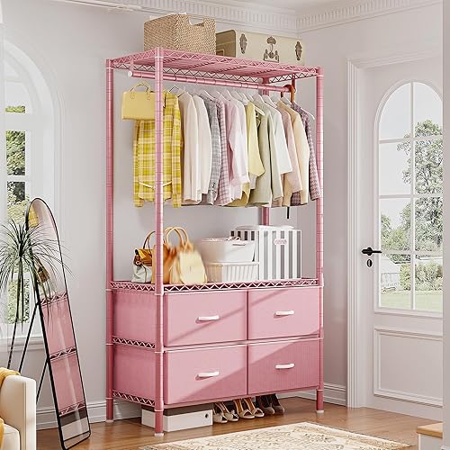 Miniatura 4 de Raybee Perchero de Ropa con 4 Cajones y Estantes, Perchero de Alta Resistencia para Colgar Ropa, Armario Portátil, Metálico, Resistente, Rosa
