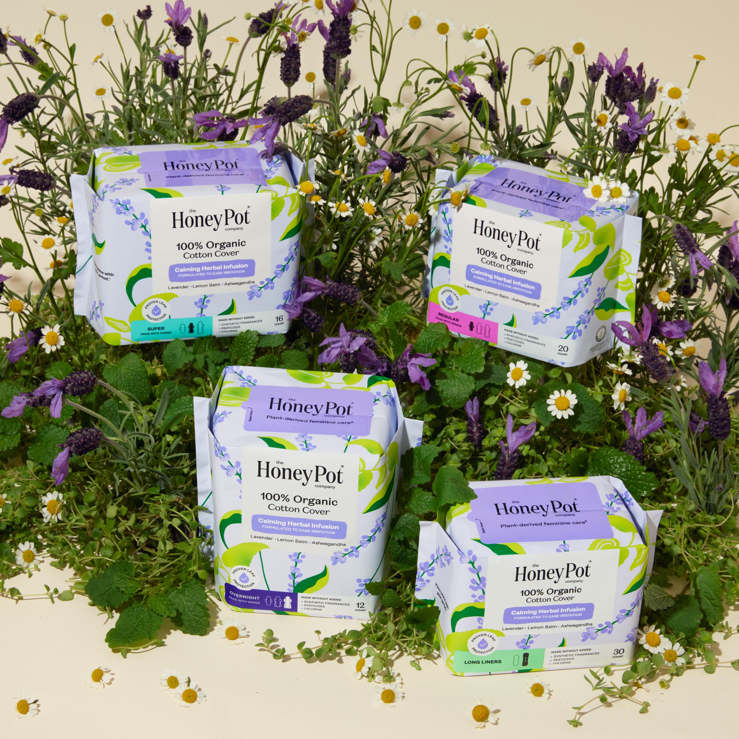 Honey Pot - Calming Long Panty Liners for Women - 100% Organic Cotton Top Sheet - Feminine Care - Non Cooling - Calming Herbs of Lavender, Ashwagandha, & Lemon Balm - 30ct