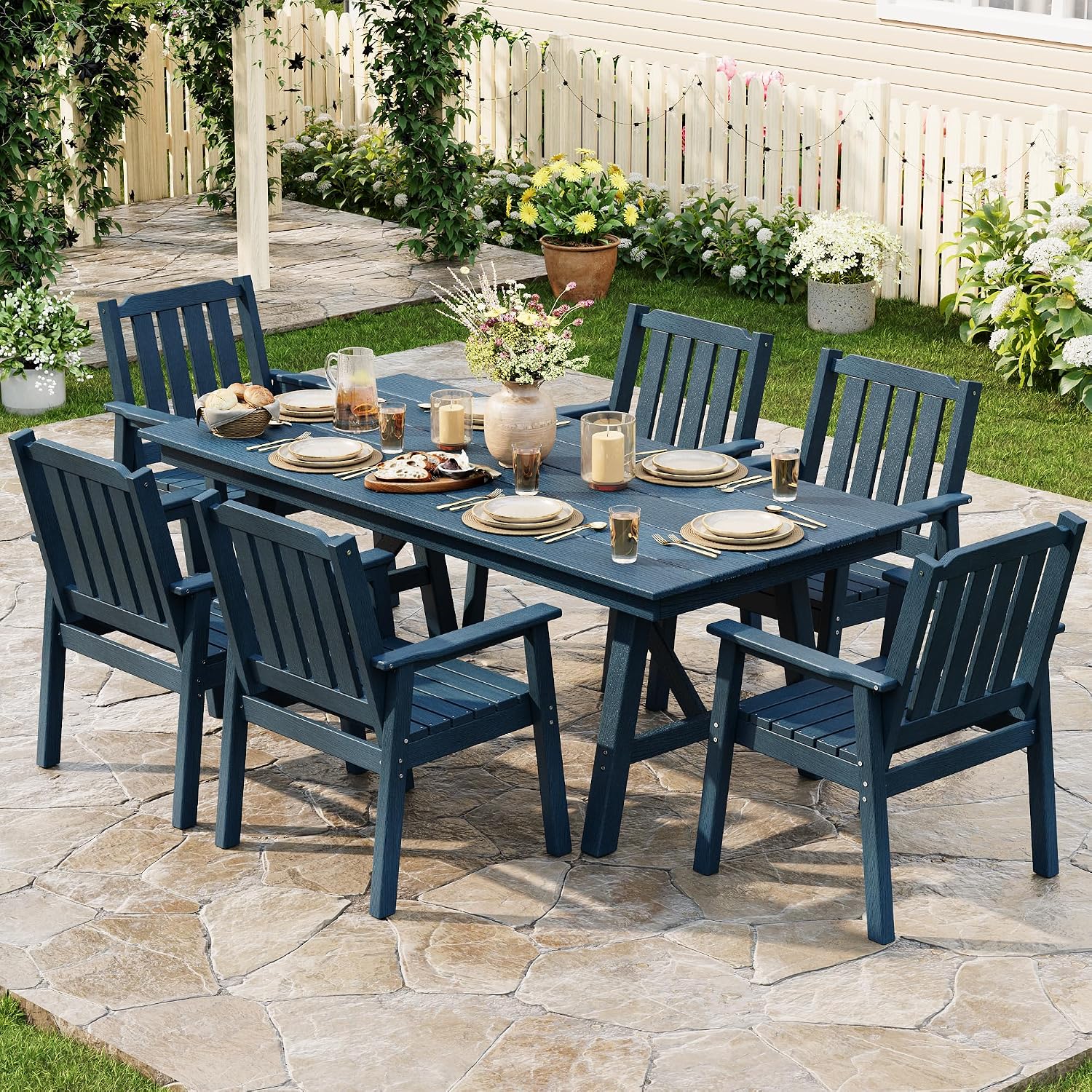 Outdoor Dining Chairs Set of 2, HDPE Patio Chairs 650LBS Capacity All-Weather Yard Armchair with Slatted Seat, 23.9" Wide Heavy Duty Modern Backyard Furniture for Garden, Poolside, Deck (Navy Blue)