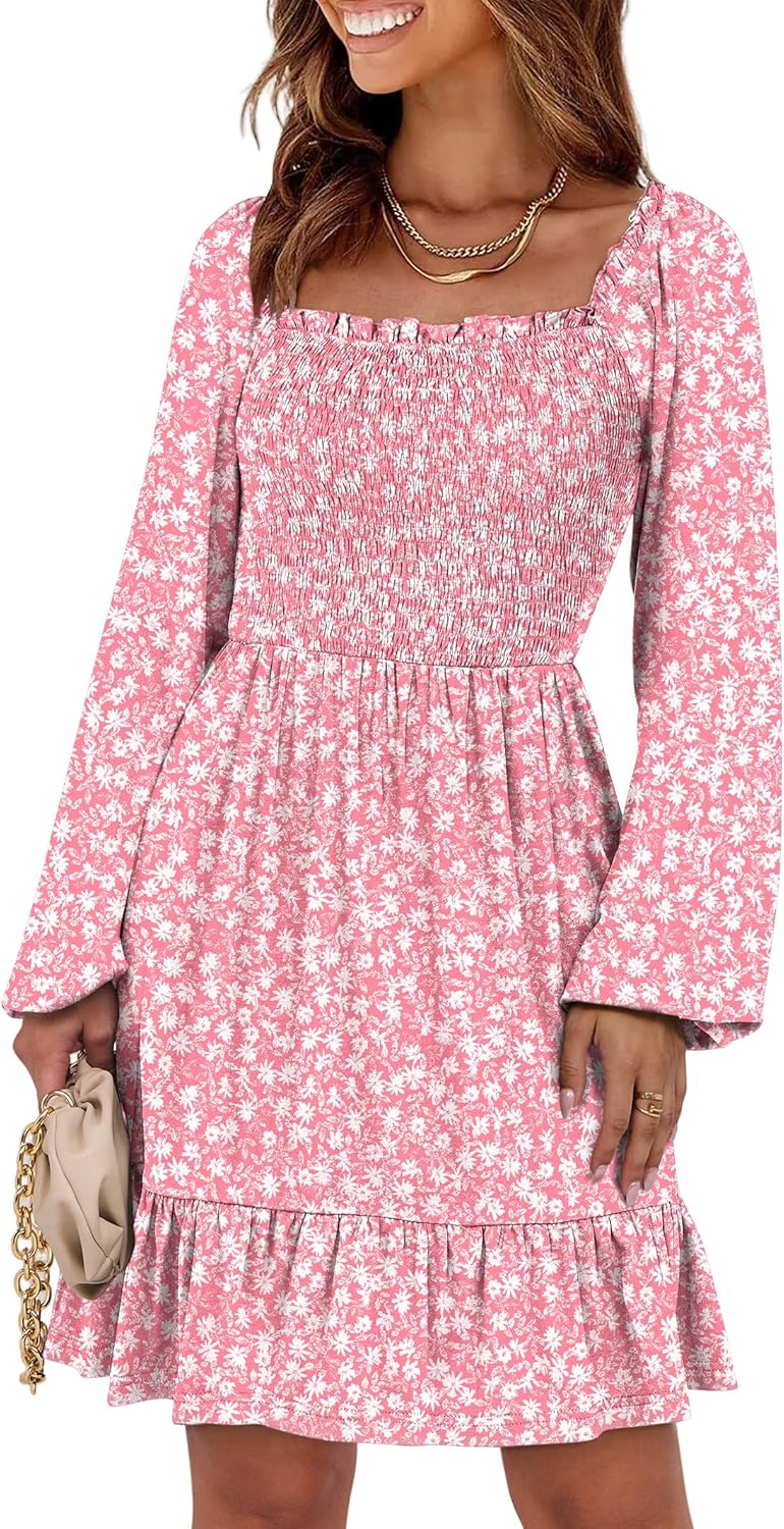 ANRABESS Womens Long Lantern Sleeve Square Neck Dress Smocked Tiered High Waist Ruffle Flowy Swing 2026 Spring Short Dresses - Image 2