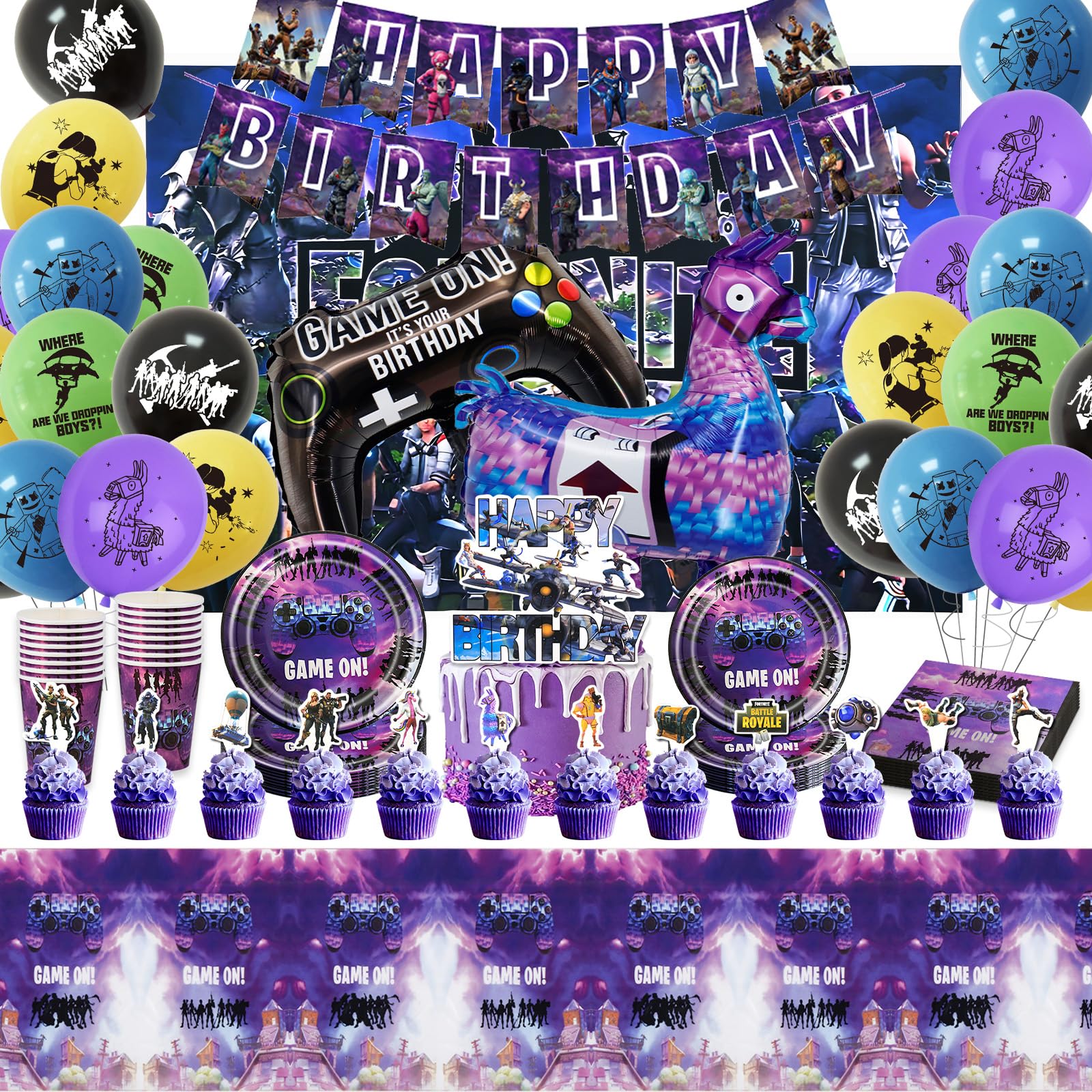 88PCS Tableware Set, Video Game Birthday Decorations, Party Balloons Tableware Set - Birthday Party Supplies, Plates Cups and Napkins and Tablecloth for boys Kids — image 1