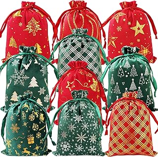 SILK ROLL 10PCS Velvet Christmas Gift Bags with Drawstring, 6x8 Inch Christmas Bags for Gifts, Candy, Gift Bags Bulk Flannel Xmas Tree Decoration Bags Holiday Party Favor Goodie Bags