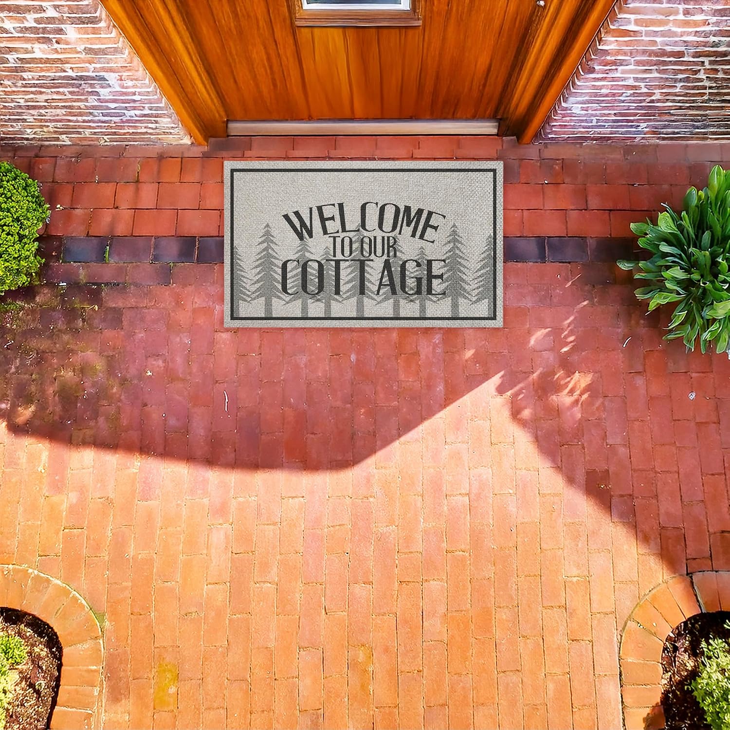 Welcome to Our Cottage Trees Outdoor Door Mat, Durable Non-Slip Woven Natural Texture Mat with Recycled Rubber Backing, Weather-Resistant Cozy Woodland Cabin Design by Kim Allen, 18"x30"