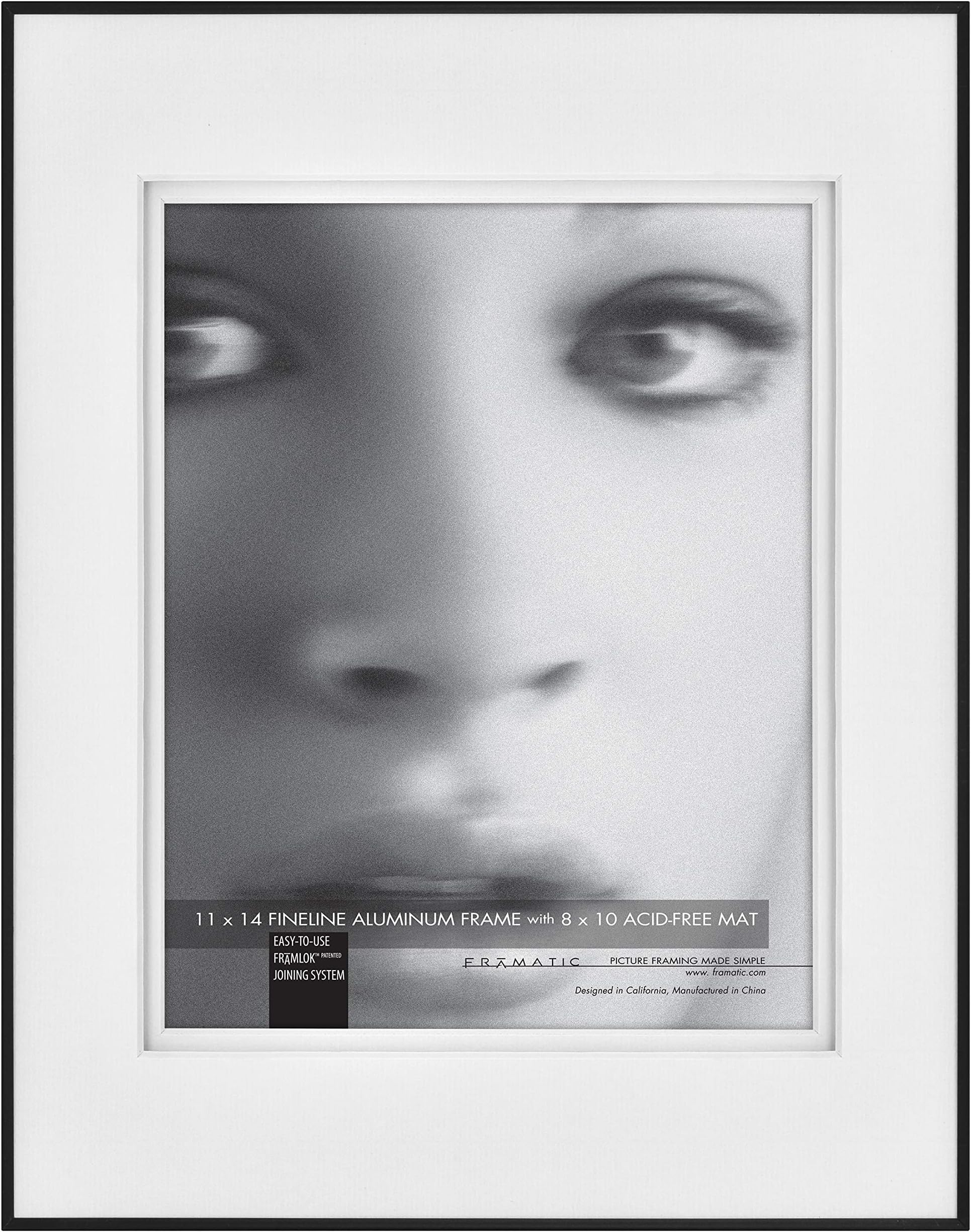 Framatic Fineline Aluminum Frame, Black, 11 x 14 in double matted to 8 x 10 in, Single