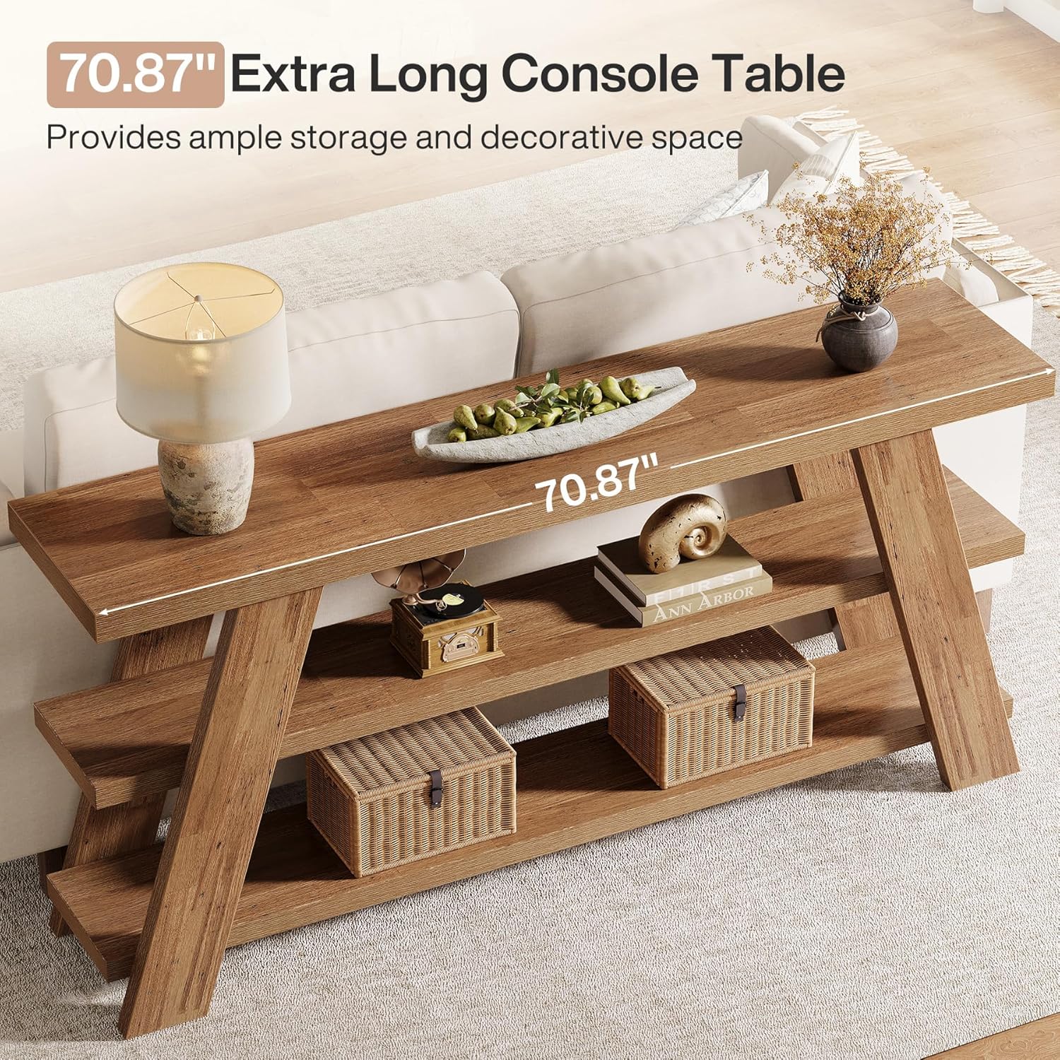 Tribesigns 70.9" Extra Long Console Table with Storage, 3-Tier Narrow Wooden Sofa Table Behind The Couch, Farmhouse Entry Foyer Table for Entryway, Living Room, Hallway, Brown