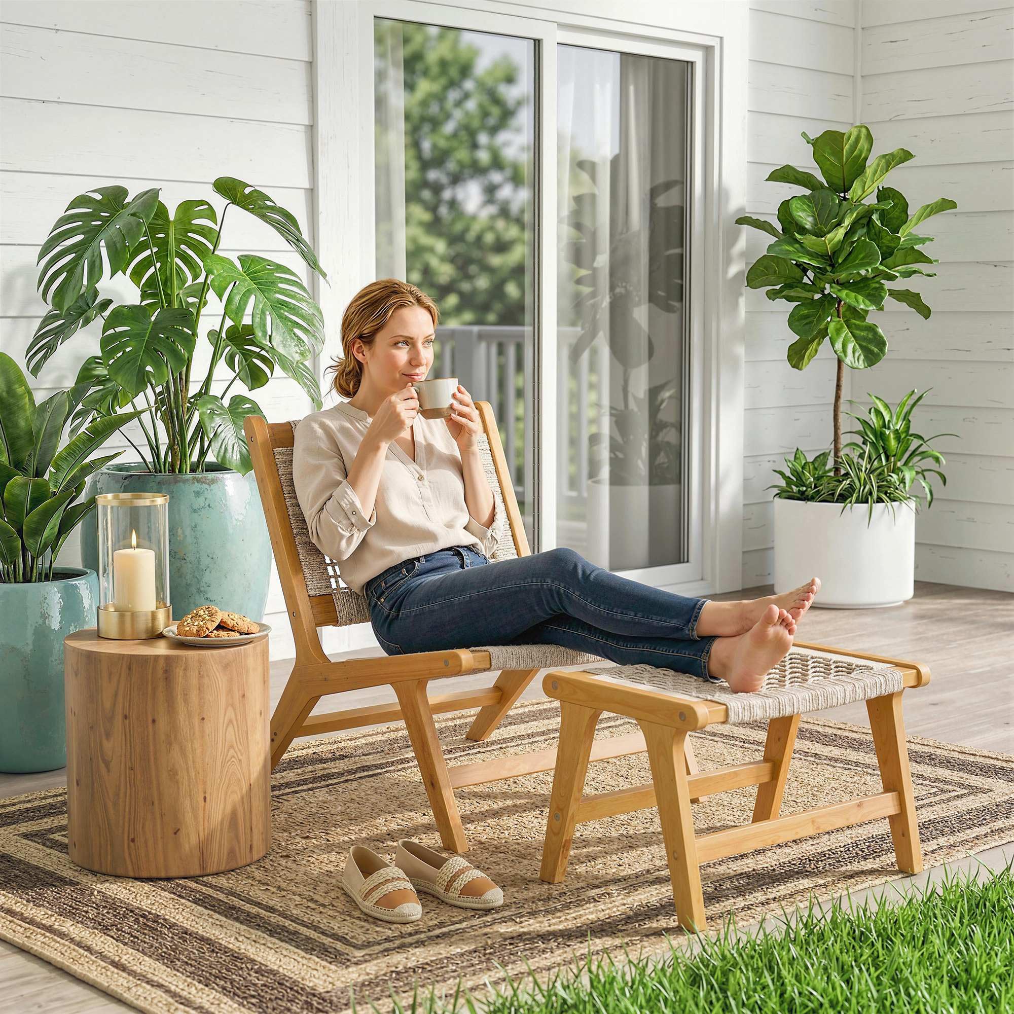 Outsunny Gartensessel mit Hocker 2-Teilig Verstellbare Füße 160 kg Beige | Akazienholz, Outdoor Loungesessel mit Rattan-Sitz, Boho-Stil, Polyrattan Lounge Set, Gartensessel für Garten Balkon