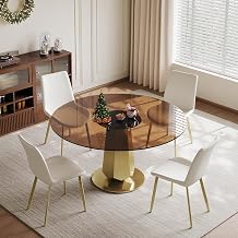 53" Round Dining Table for 4-8 People, Smoked Tempered Glass Top, Modern Kitchen Table with Gold Stainless Steel Base, Space-Saving Breakfast Table for Apartment Dining RoomTable Only