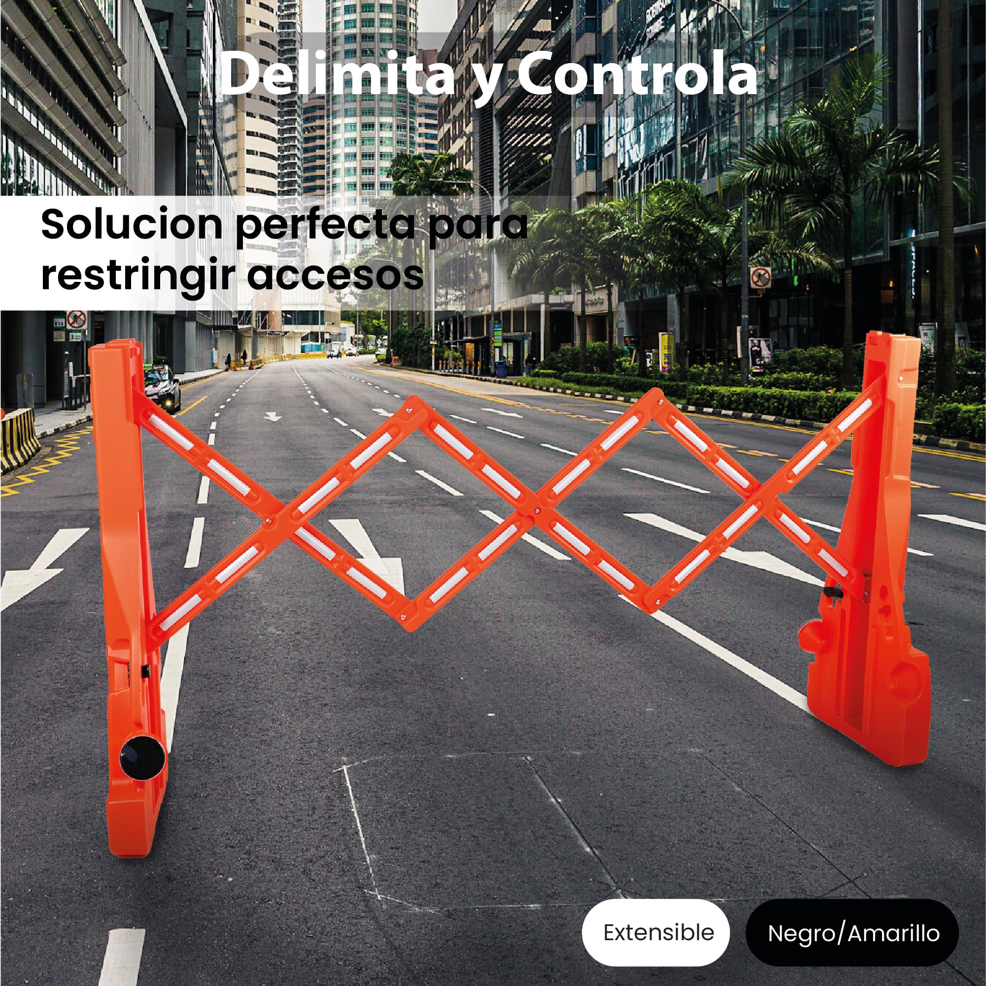 Barricada Extensible hasta 2m Rellenable y Reflectante – Vallas Extensibles de Obra – Barrera Portátil con Asa y Bloqueo para Seguridad, Construcción y Control de Espacios