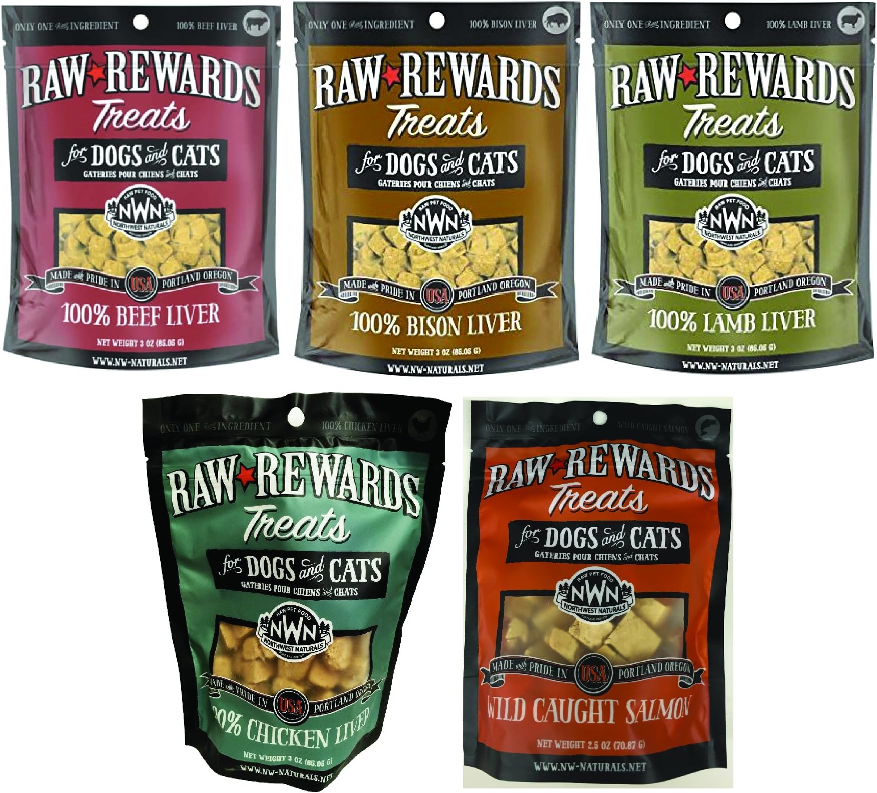 Northwest Naturals Raw Rewards Freeze Dried Treats for Dogs & Cats Mixed 5 Packs, Salmon, Beef Liver, Chicken Liver, Bison Liver and Lamb Lliver