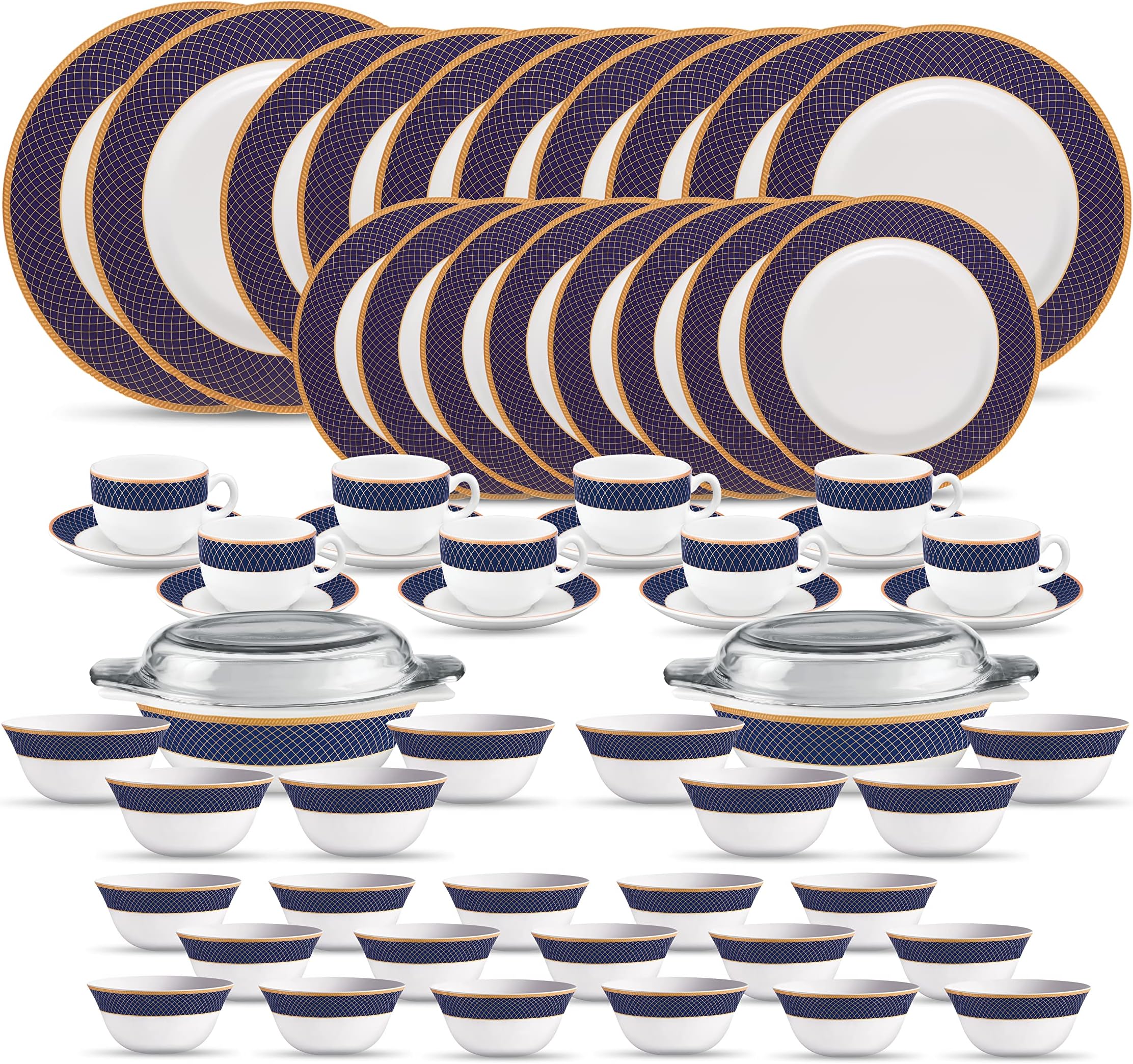 - La Opala Diva Sovrana Collection Opal Glass Crockery | for Family of 8 | Dinner Set 62 pcs Regent Blue | Plates & Bowls for Dining | Microwave Safe | 100% Vegetarian | Extra Strong | Light & White