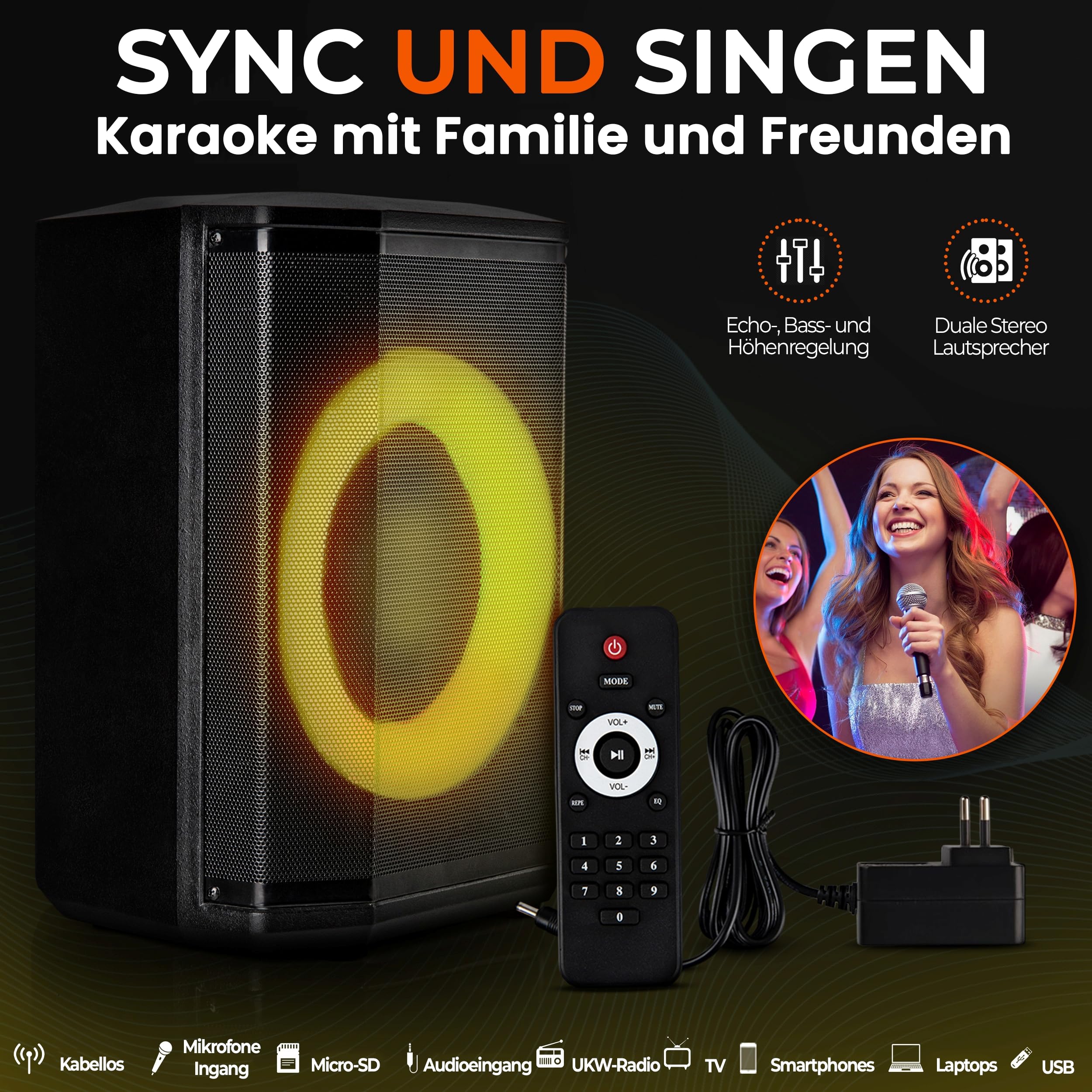 Pyle Partybox Bluetooth Lautsprecher 120W TWS – Kompakte PA Anlage mit kraftvollem Sound, LED Lichteffekte, Stativ, USB, Micro SD, FM Radio