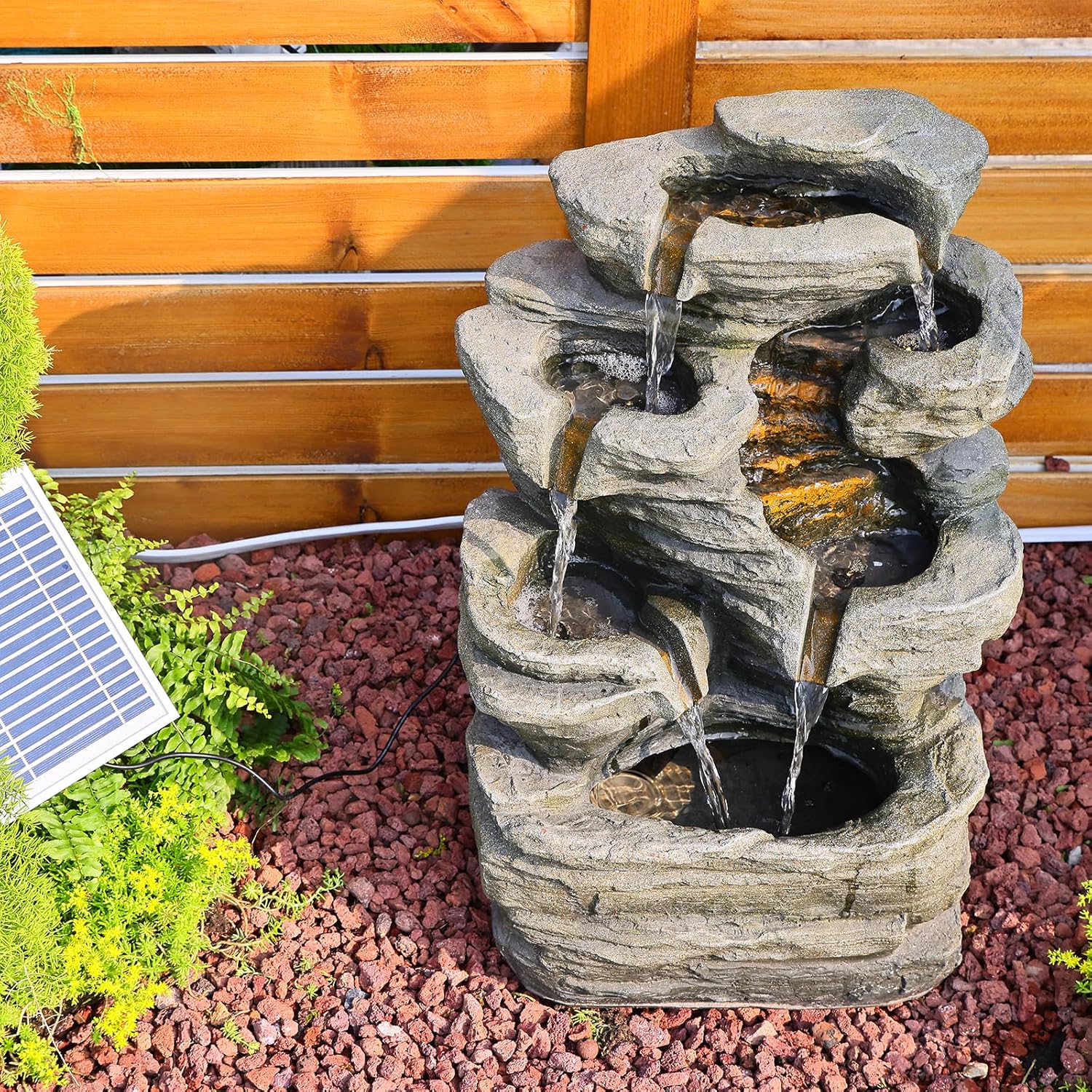 Bumilgar 6 Tier Cascading Rock Solar Water Fountain Outdoor Garden Waterfall Decor for Garden, Patio, Backyard, Deck, Porch and Home Art Decor,24.4" H Outdoor Fountain with LED Lights