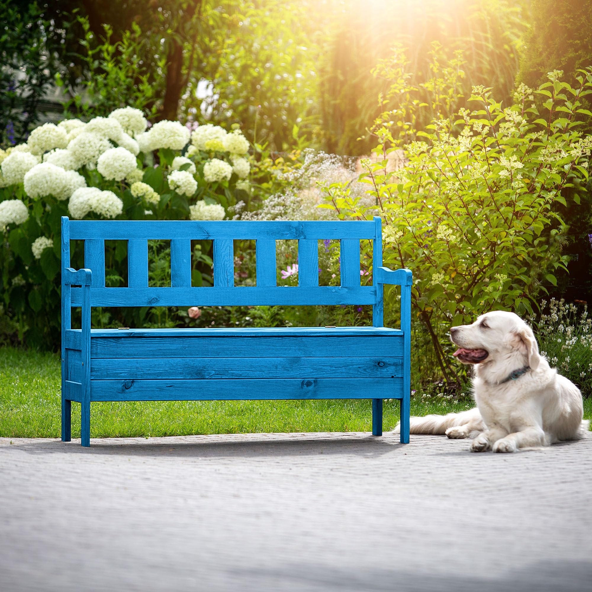 KADAX Panchina da giardino, 119 x 43 x 75 cm, cassapanca in legno con vano portaoggetti e schienale, resistente alle intemperie, per giardino, balcone (Blu)