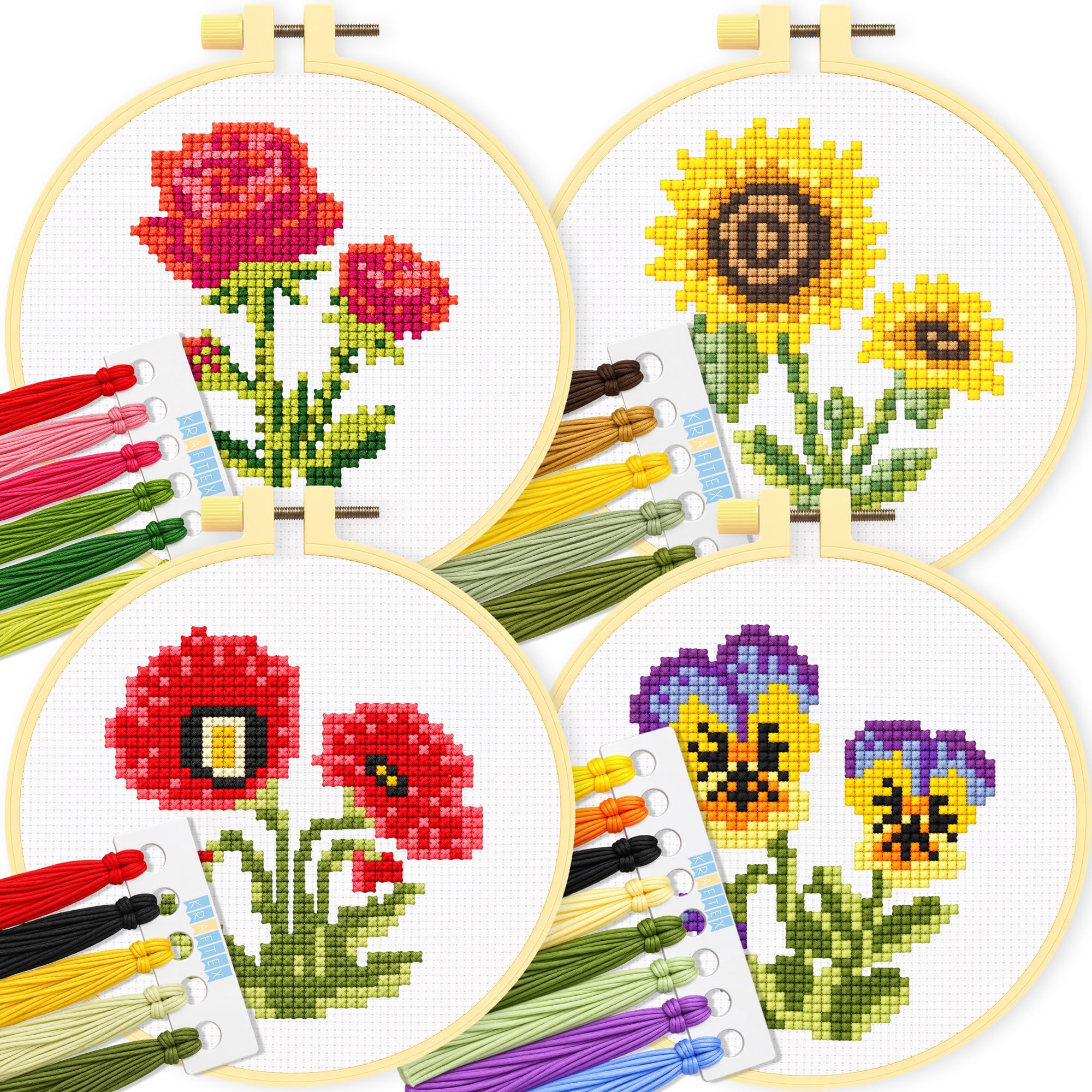 Stamped Cross Stitch Kits for Beginners Adults, Rose Poppy Pansy Sunflower