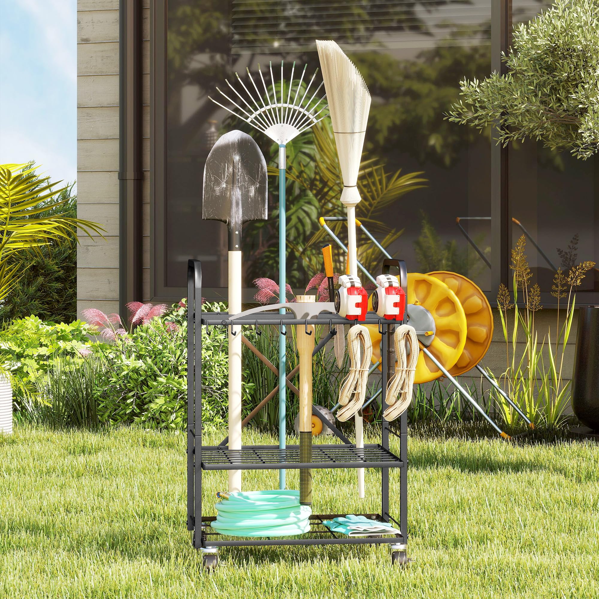 Outsunny Organizzatore di attrezzi da giardino con 9 ganci, porta attrezzi da giardino a 40 scomparti, porta attrezzi da garage in metallo su rotelle per forbici, vanghe, rastrelli, nero