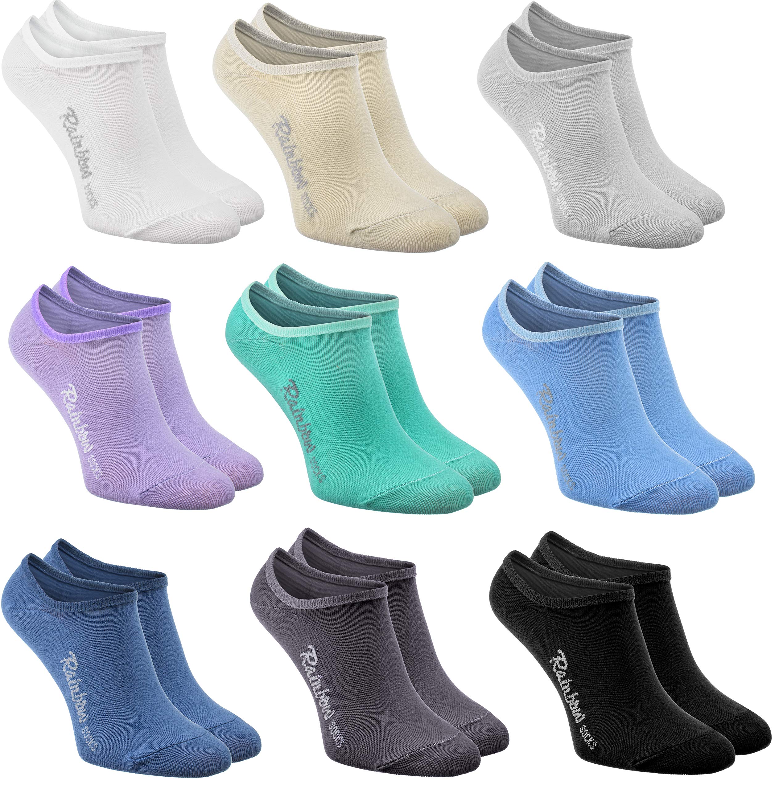 Rainbow Socks Mujer Hombre - Calcetines Bajos Invisibles de Algodón - 9 Pares - Blanco Beige Gris Violeta Auqamarine Jeans Marine Azul Grafito Negro - Tamaños