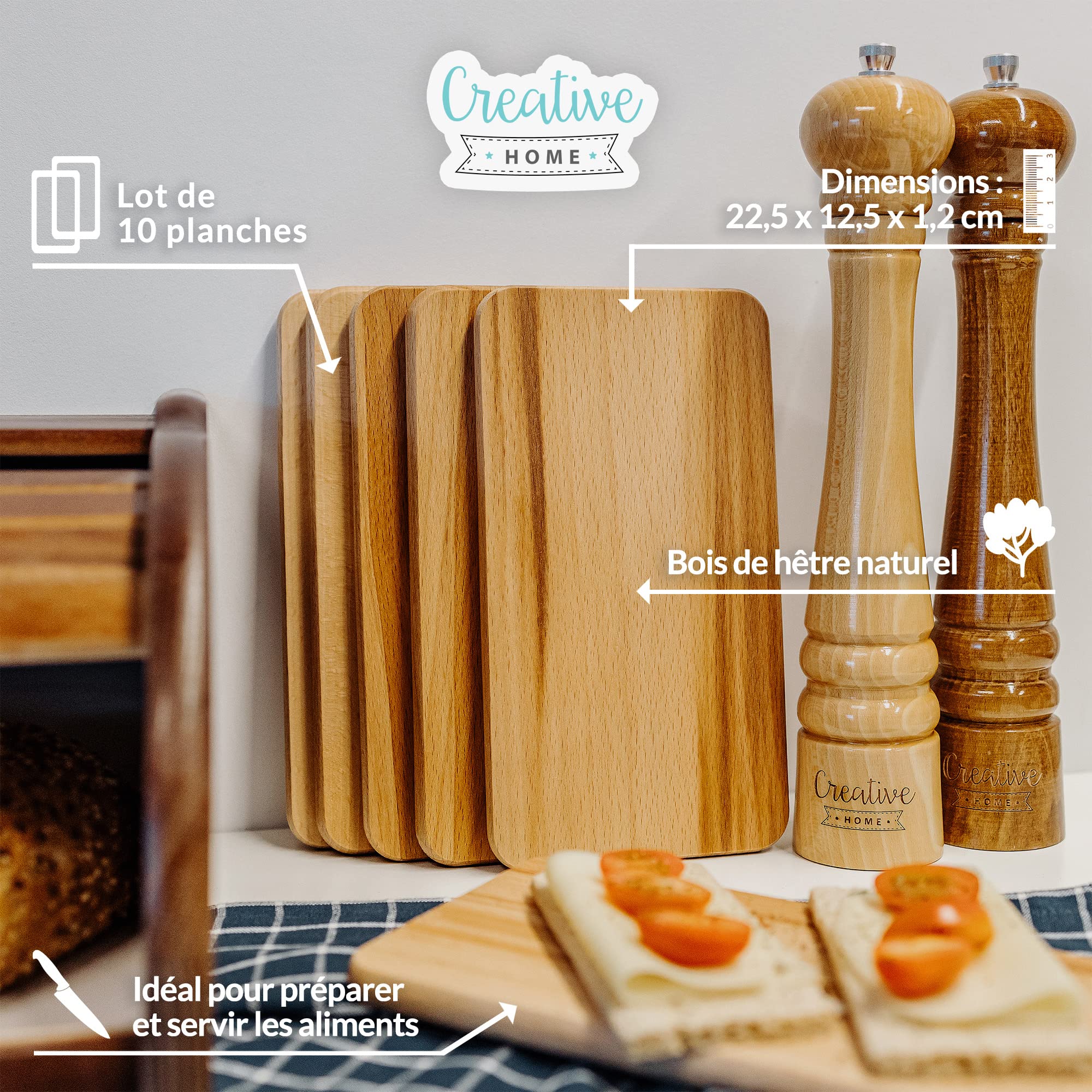 Creative Home Lot de 10 Planche a Decouper Bois | 22,5 x 12,5 x 1,2 cm | Petite Planche à Découper en Bois pour Apero et Petit Dejeuner