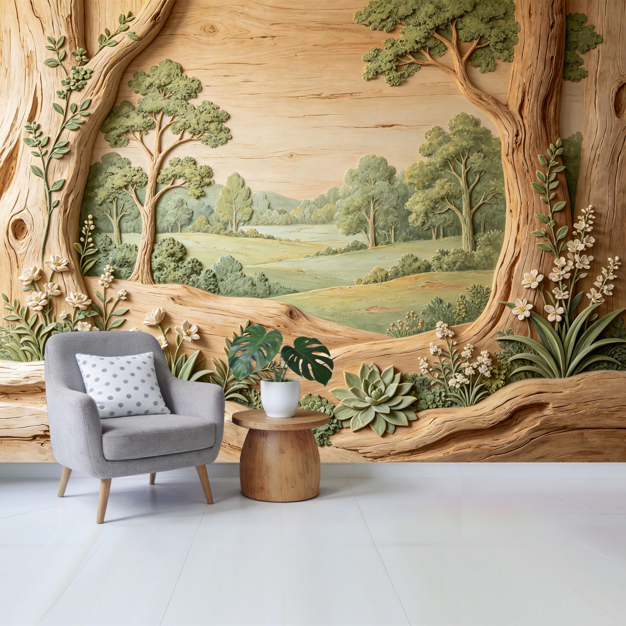 Qzlithotic Yq2605250987 Custom Size Wall Mural 3D Relief Wood Carving Botanical Landscape Scenic Meadow Textured Art Selfadhesive Wall Fabric Removable Wallpaper For Home Office Decor