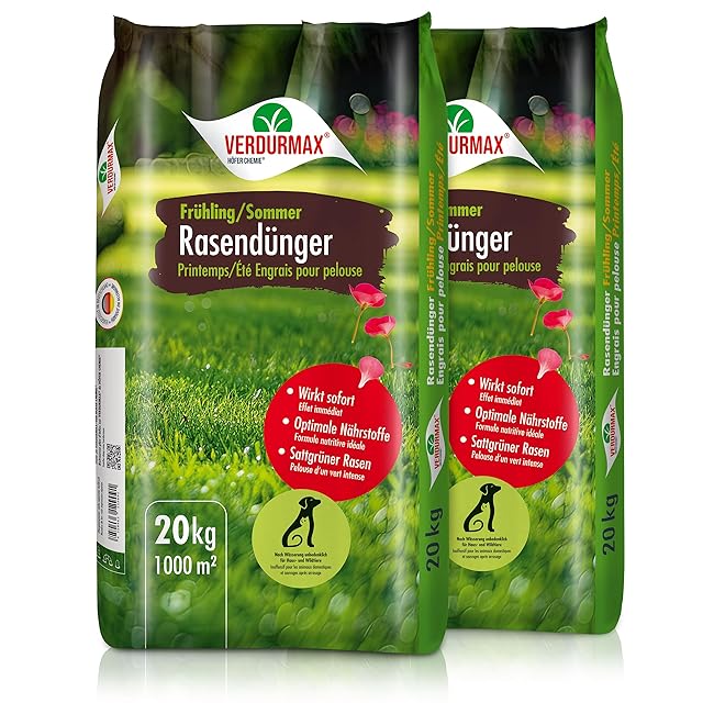Verdurmax Verdurmax 2 x 20 kg Rasendünger Frühling & Sommer - Langzeitdünger mit Stickstoff für 2000 m² üppigen grünen Rasen - sicher für Hunde - Streutauglich — Saat & Dünger
