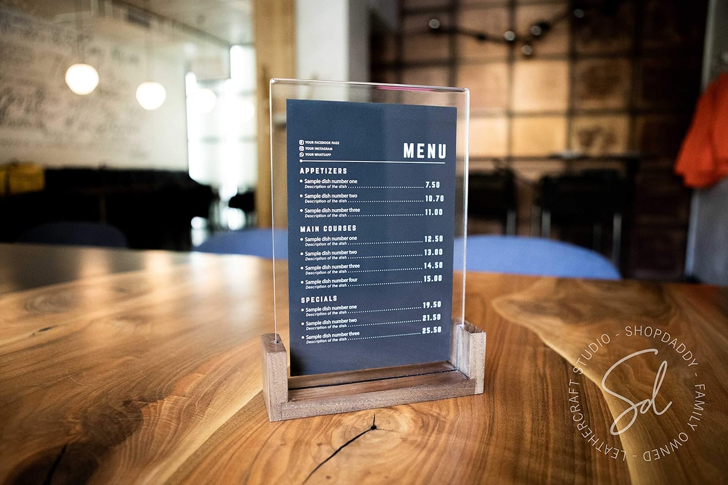 Acrylic Tabletop Menu Holder with Ashwood Base – Clear Vertical Sign Display Stand for Restaurant, Café & Retail, Double-Sided Acrylic Insert Frame for Menu Cards, QR Signs & Table Numbers