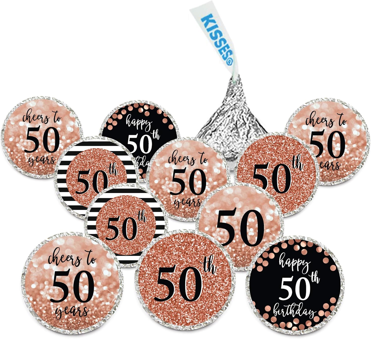 Andaz Press Glitzy Faux Rose Gold Glitter Milestone Chocolate Drop Labels, Cheers to 50 Years, 50th Birthday or Anniversary, 240-Pack, Not Real Glitter, Kisses Party Colored Decorations