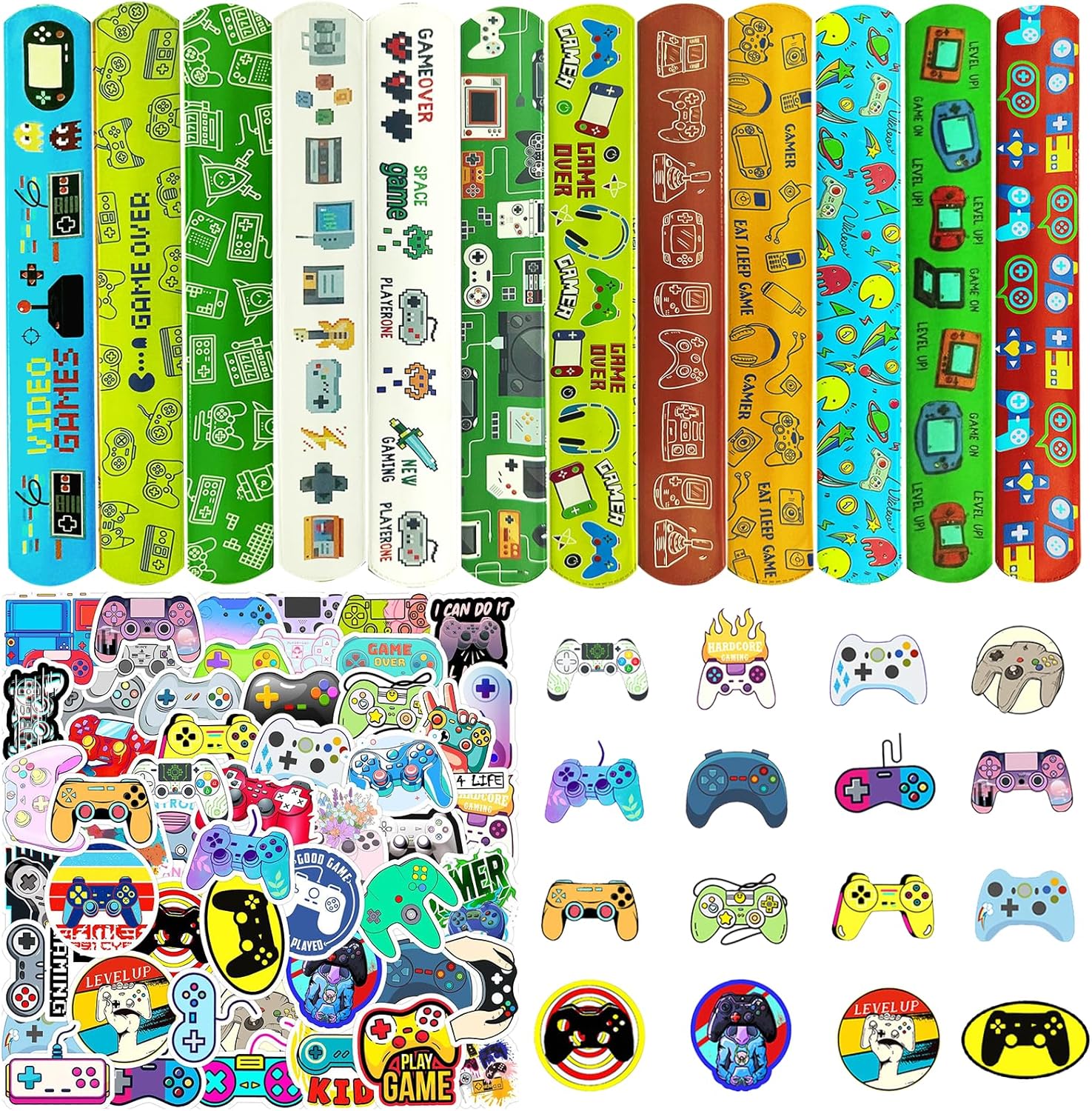 74PCS Video Game Party Favor 50PCS Video Party Stickers&24PCS Slap Bracelets Game Supplies Team Gift Filler