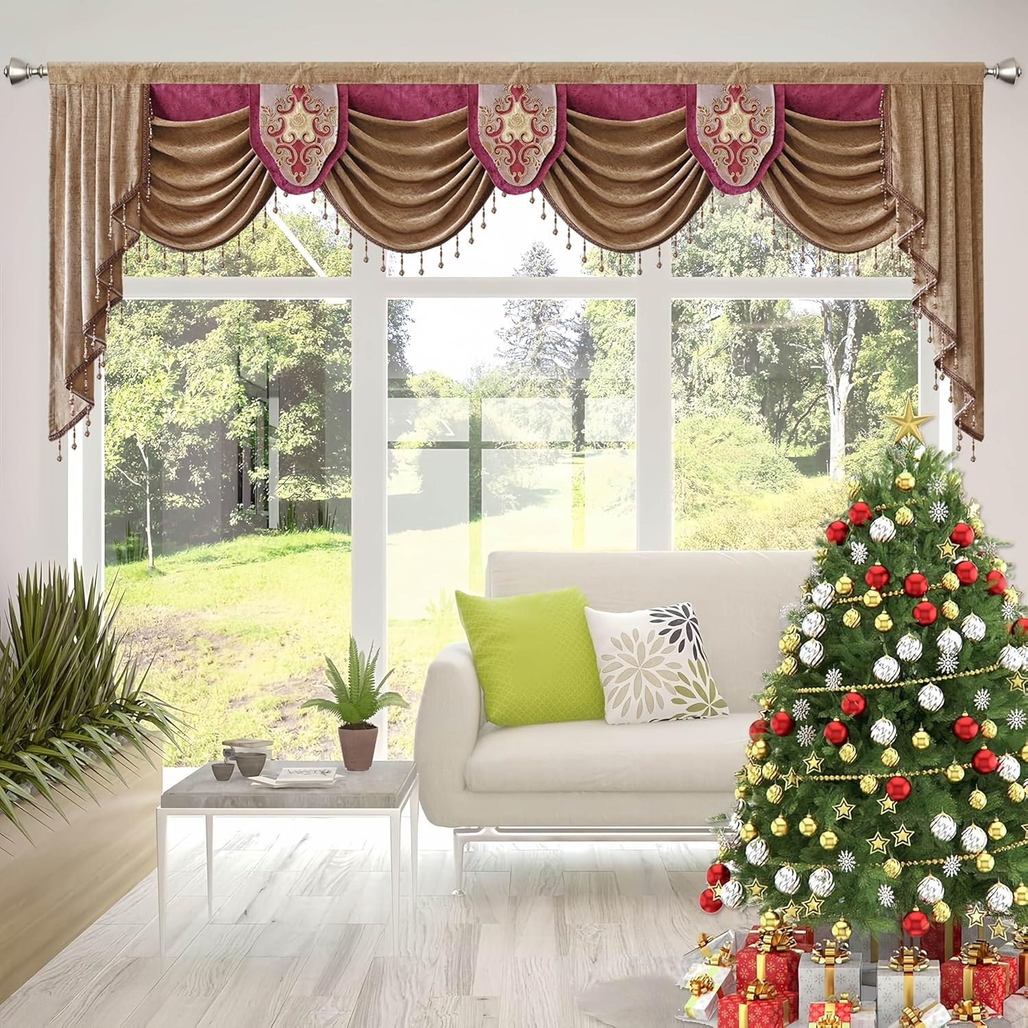 Gxi Customized Waterfall Valance Beaded to Match Luxury Brown European Curtain or Burgundy Chenille Blackout Curtain Rod Pocket Thermal Insulation Tier Swag for Living Room 1 Panel W79 Inch