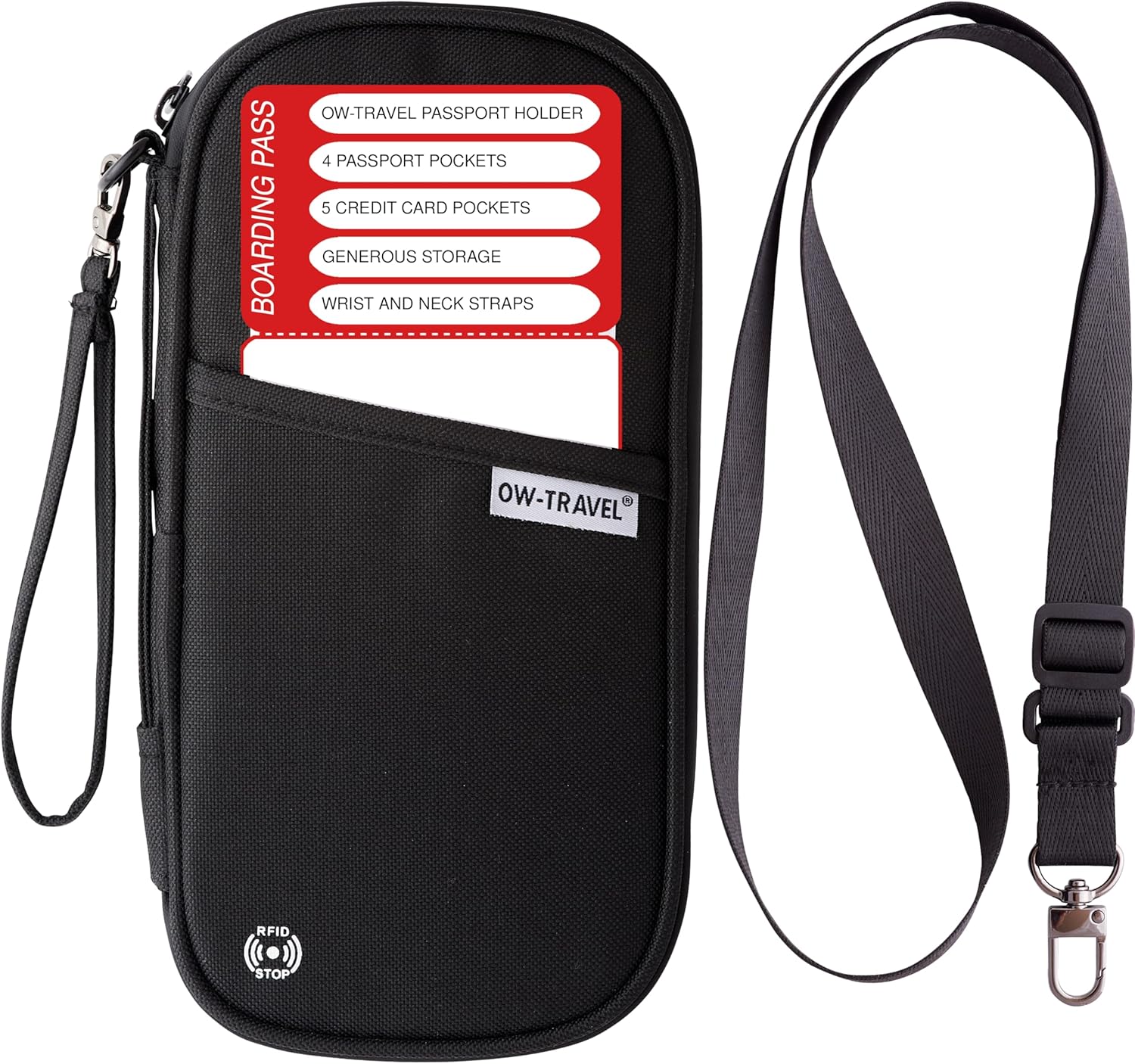 OW-Travel Passport Holder Travel Wallet Organiser (Black) with RFID Protection. Spacious Travel Document Holder and Family Passport Holder for 4. Hands-Free Wrist and Neck Straps Included