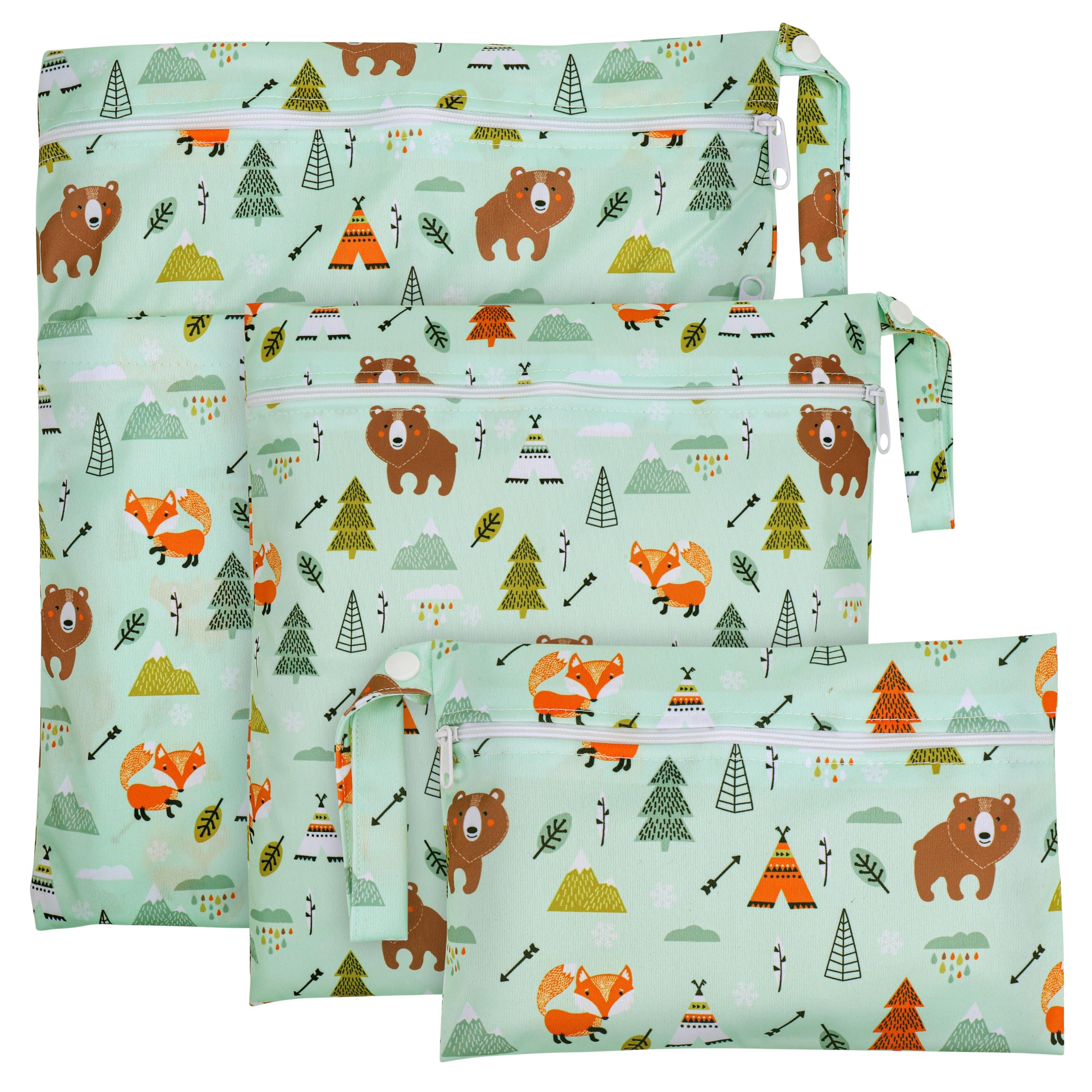 Zocipro 3 Stück Wetbag Stoffwindeln, Wetbag Kindergarten, Wet Bag Wiederverwendbare, Nasse und Trocken Wickeltaschen mit Reißverschluss für Kleinkind-Windeln, Reisen, Strand und Pool,Bär und Fuchs
