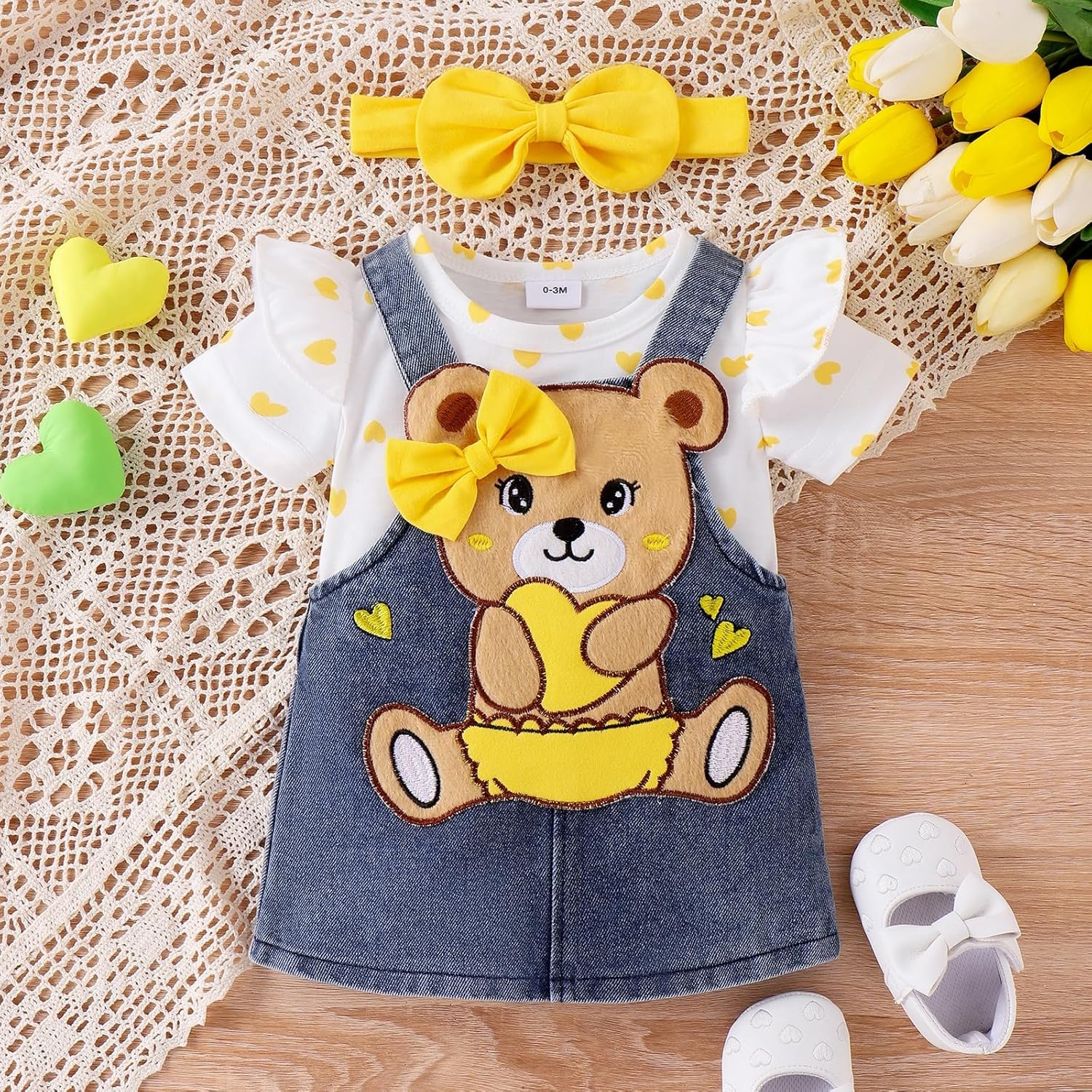 Baby Girl Clothes Outfits Summer Cute Little Bear Romper + Shorts + Butterfly Tie Hair Band Set 0-18 Months - Image 2