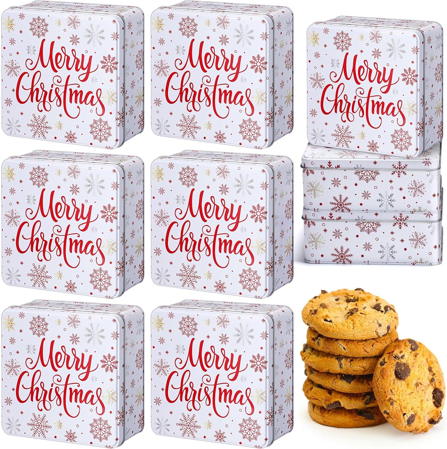 Tandefio 6 Pcs Christmas Cookie Tins with Lids for Gift Giving, 6.3 x 6.3 In Square Metal Holiday Empty Boxes Xmas Storage Containers for Storing Candy Cookie Biscuits Goody Treat Gifts (White)