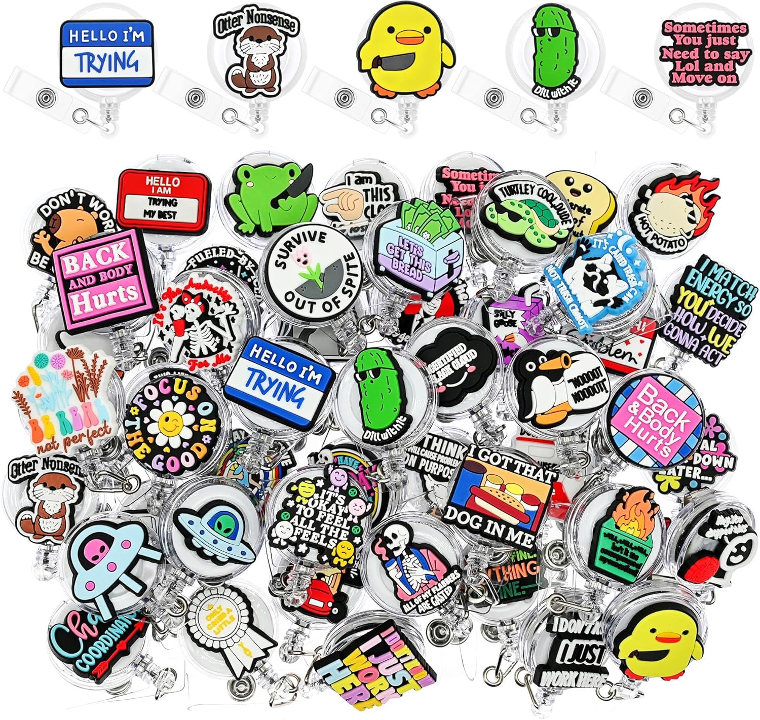 50 Pack Funny Retractable Badge Reel Holder Fun Humorous PVC ID Badge Reels for Office Worker, Nurse,Teacher,Coworker Gifts | Office Nurse Supplie