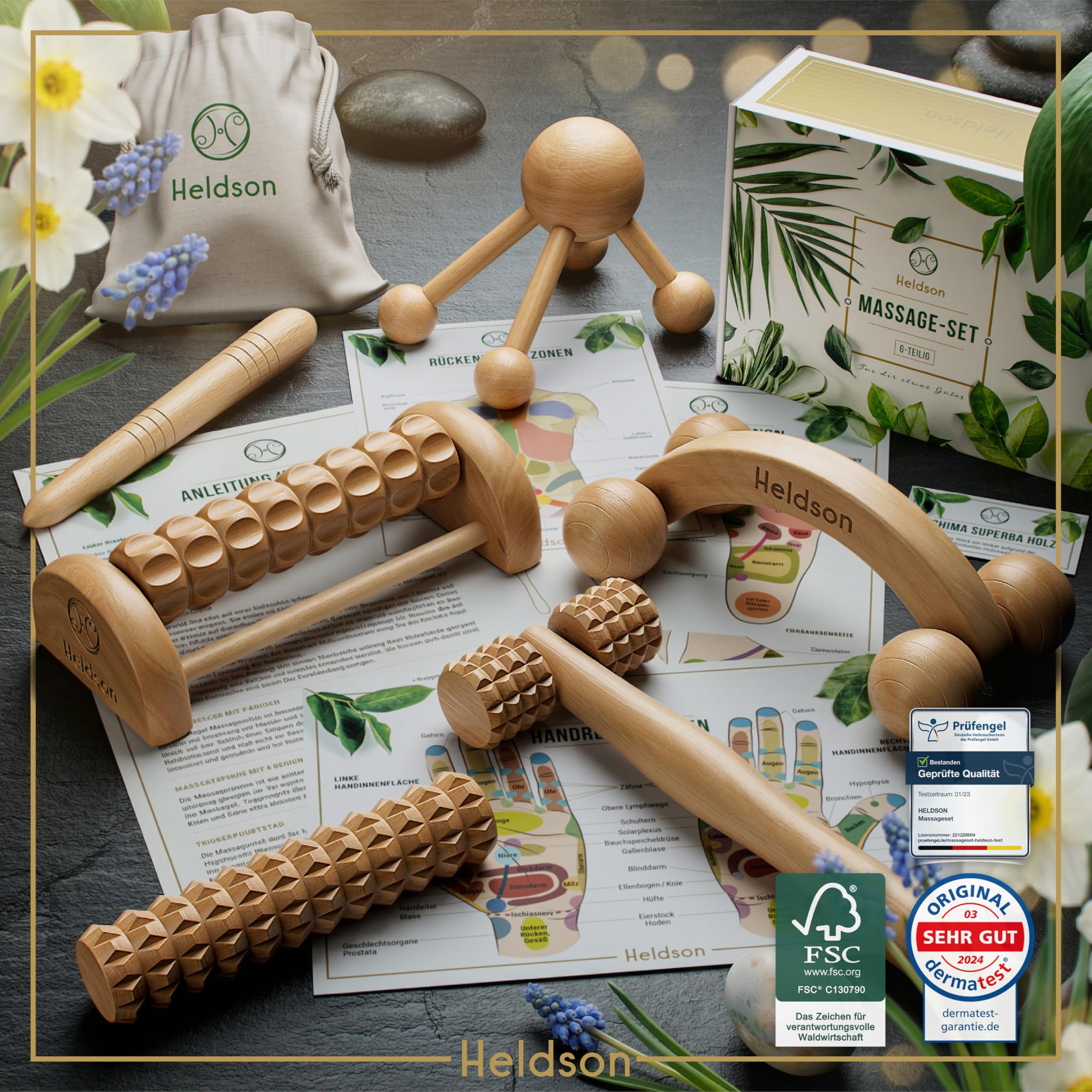 HELDSON® Massage Set Holz [6 Teile] FSC®100% - Diverse Massagegeräte & Massage Roller - Fußmassage, Kopfmassage, Triggerpunkt Drücker - Entspannung - Ostern Geschenke - Anti Cellulite, Stress
