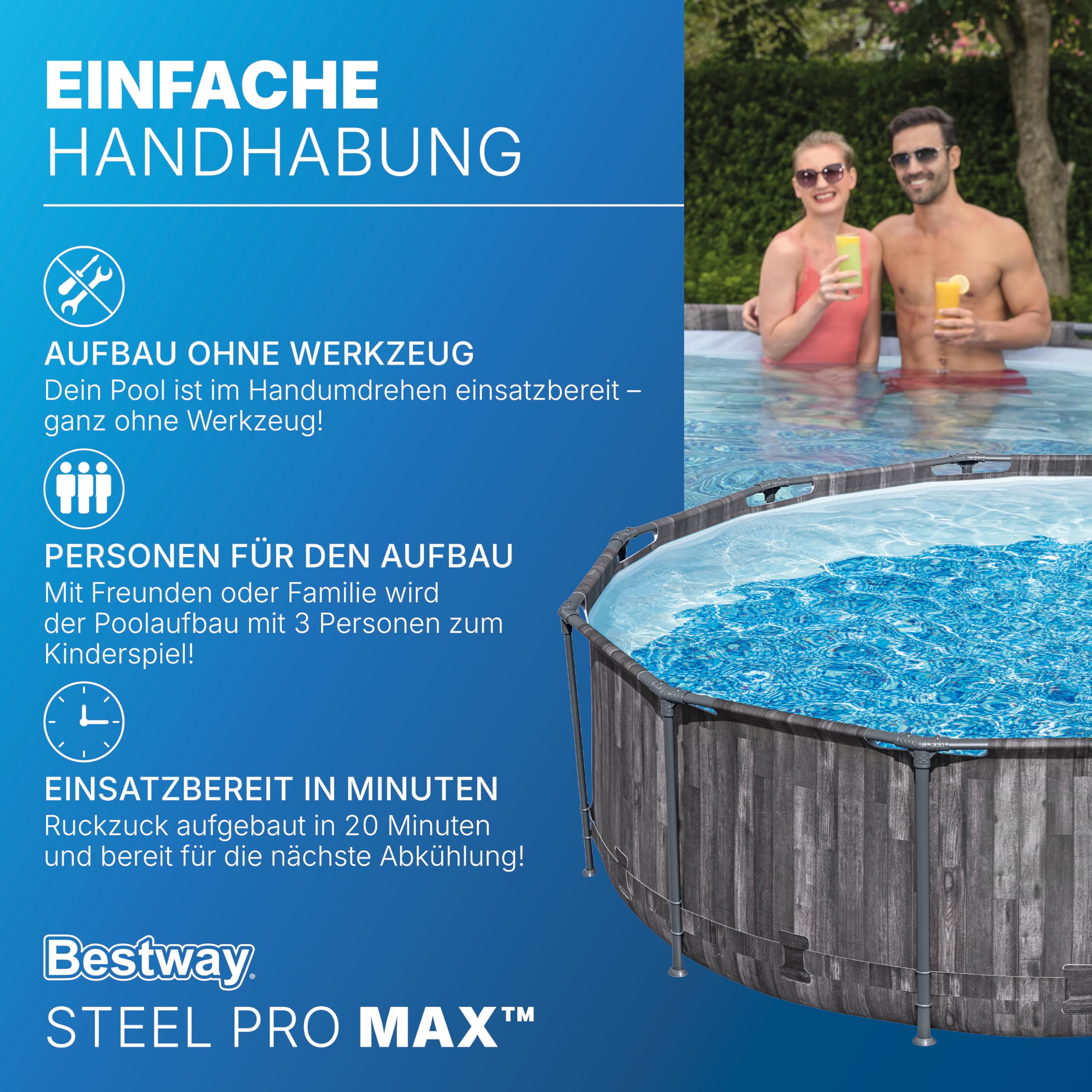 Bestway Steel Pro MAX Solo Pool ohne Zubehör 366 x 100 cm, Holz-Optik (Mooreiche), rund
