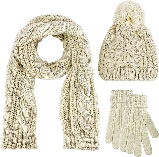 Yutdeng 3 in 1 Hat Scarf and Gloves Set Ladies Women Girls Thermal Cable Knit Beanie Pompom Hat Long Scarf Touchscreen Gloves Cold Weather Accessories Sets