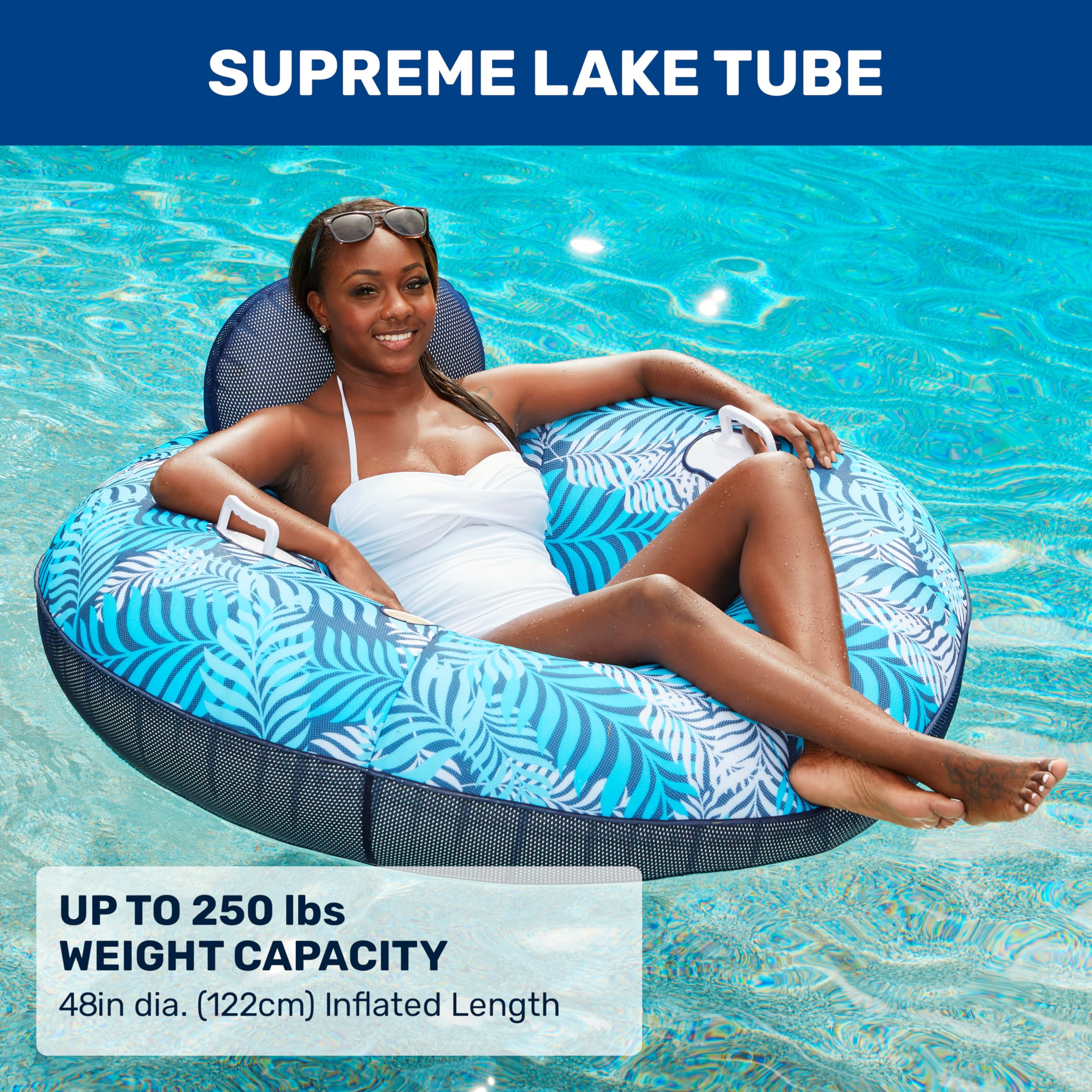 Aqua Leisure Oversized Supreme Lake Tube Float – Heavy Duty Adult Pool Chair Float – Blue/White Fern