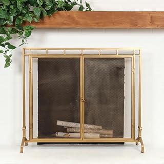 Gold Metal Geometric Single Panel Fireplace Screen with Latched Doors and Arched Feet Iron