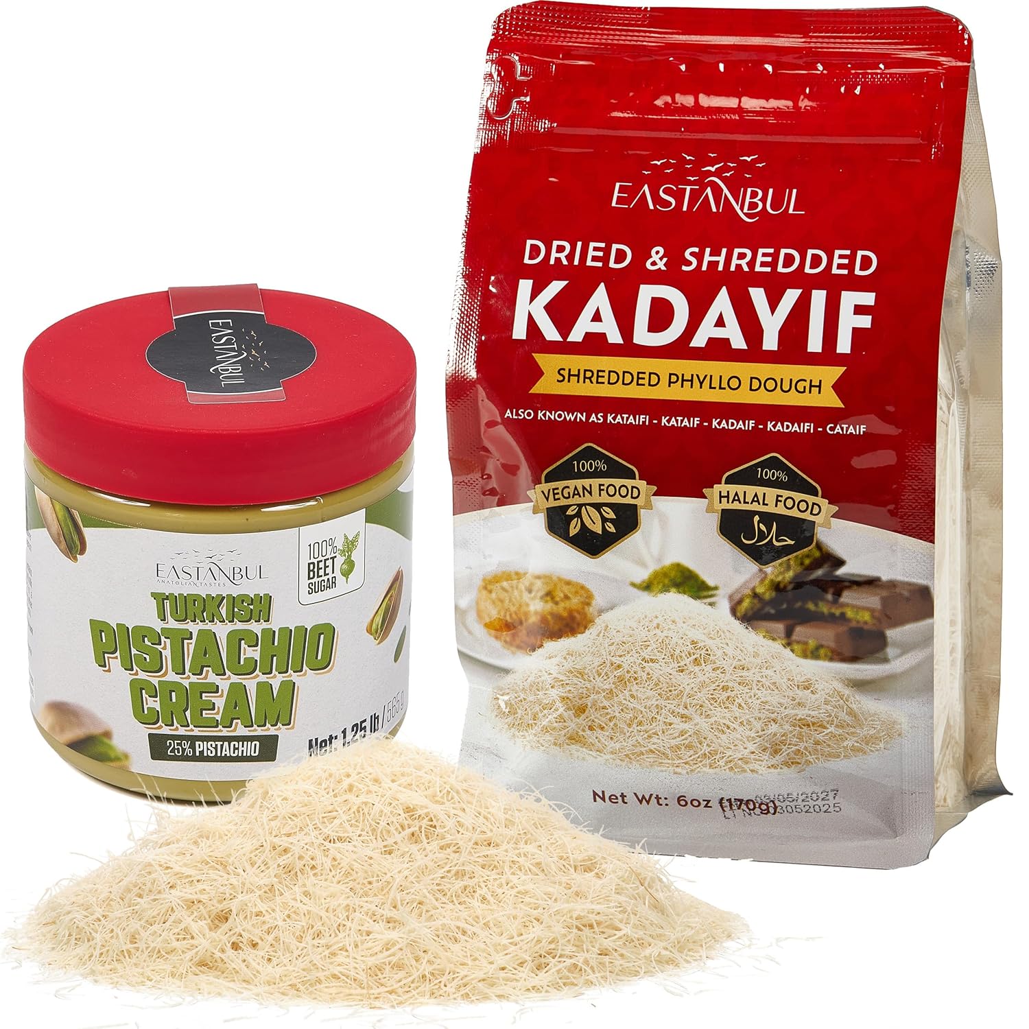 Eastanbul Dubai Chocolate Bar Pistachio Essentials Bundle - Dried & Chopped Kataifi (6 Oz) and Pistachio Cream (1.25 lb) - Perfect for Dubai Chocolate Bar, Kunafa, and Luxurious Treats