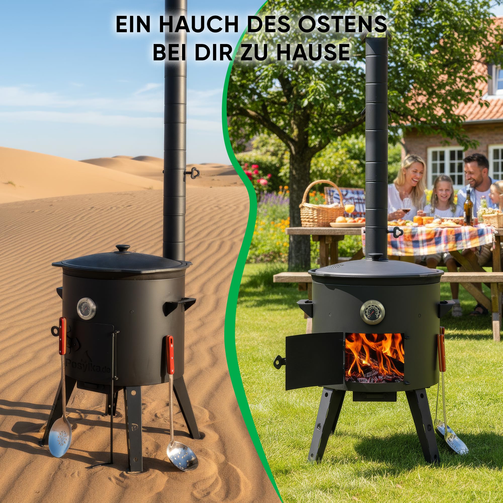 Kazan - Cuchara de hierro fundido Kazan (16 L, con estufa de fuego Utschak, diámetro de 44 cm, base redonda, para cucharón Plov, cuchara de madera, espátula Учак Учаг Uchag Asia (Set 6)
