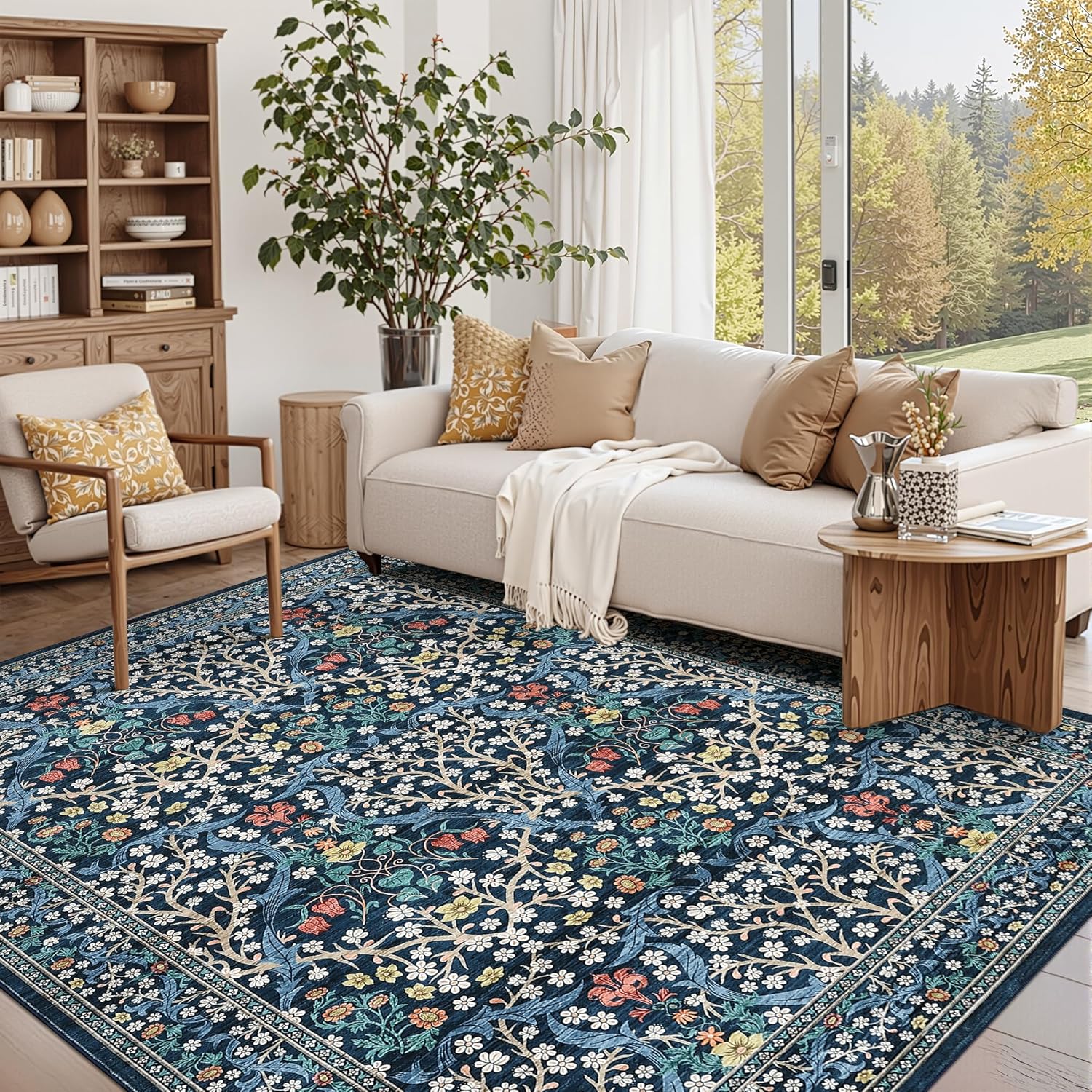 GarveeHome 6x9 Washable Area Rug for Living Room, Floral Dining Room Rugs for Under Table, Low Pile Non-Slip Stain Resistance Floor Carpet for Bedroom, Dark Blue Dark Blue 6' x 9' (Rectangular)