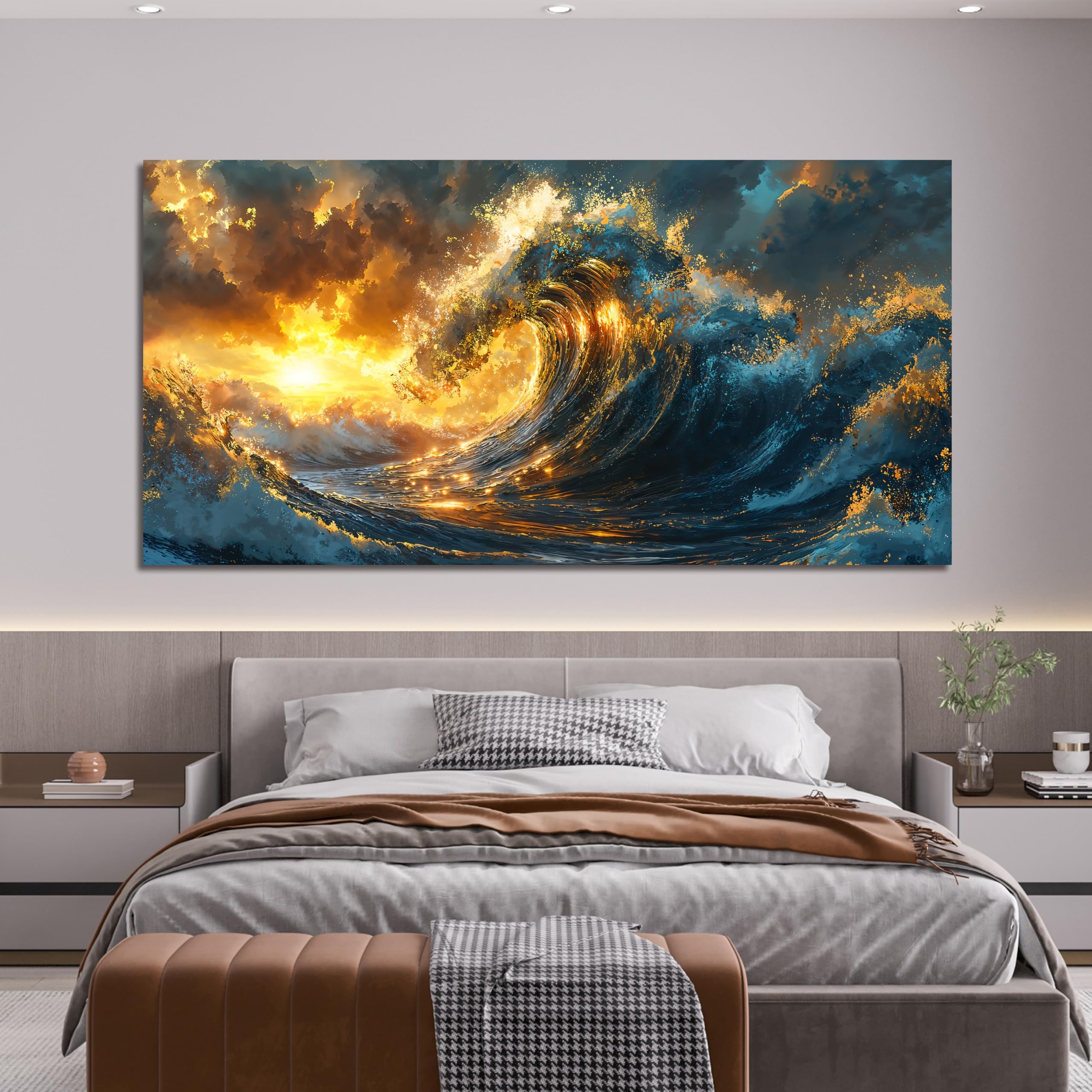 Aefouu No Frame Sunshine Wave Canvas Wall Art Pictures For Living Room Decor Gold Modern Abstract Aesthetics Wall Art Canvas Prints Artwork(70X140cm/28X55in/Frameless)