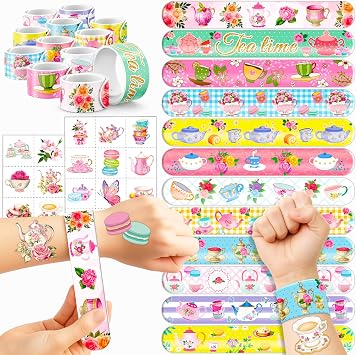 72PCS Floral Tea Party Favors - 48PCS Temporary Pre-Cut Tattoos & 24PCS Slap Bracelets - Elegant Tea Party-Themed Birthday Supplies, Baby Shower Gifts, Classroom Rewards & Party Decor for Kids