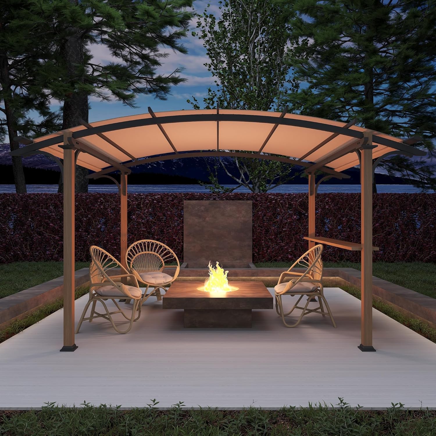 8.5' x 13' Outdoor Pergola, Metal Gazebo with Arched Top Canopy, Shelves, Bar Top, Natural Wood Looking Frame Pergola for Backyard, Garden, Patio.Beige