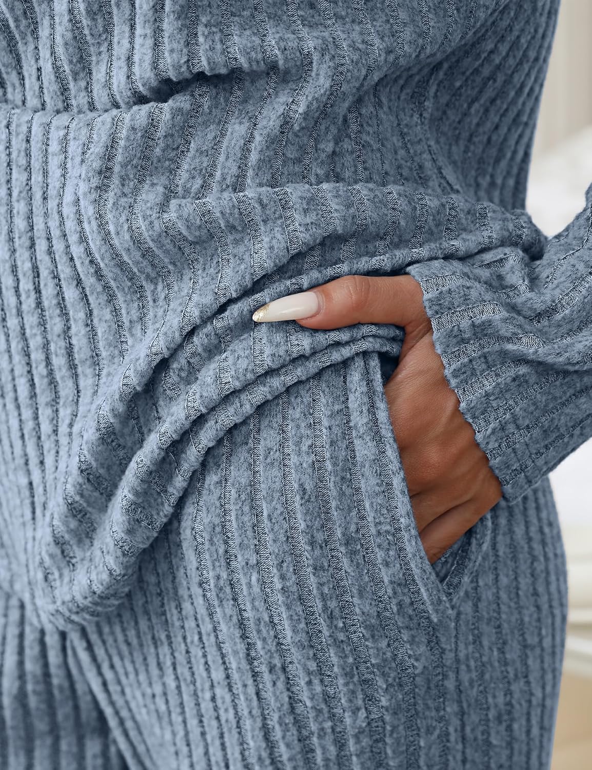 Women's Ribbed Knit Pajama Set Long Sleeve 2 Piece Loungewear Outfits Soft Pj Clothing Set with Pockets - Image 2